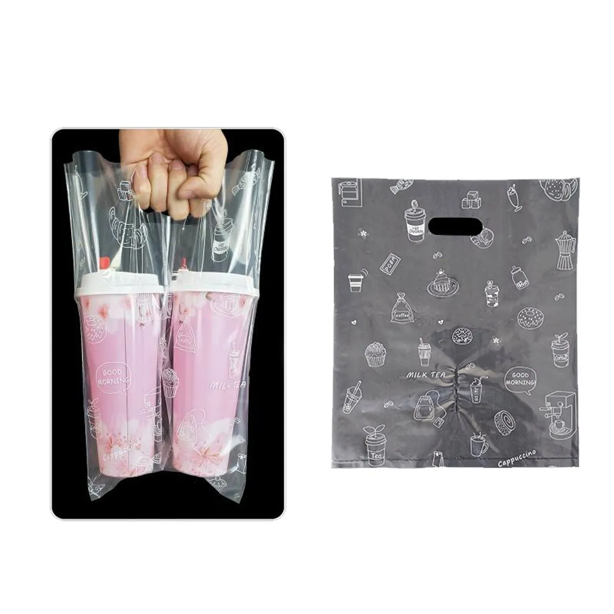 2 Cup Drink Carrier Bag 100 pcs with Handle for Take Out Delivery