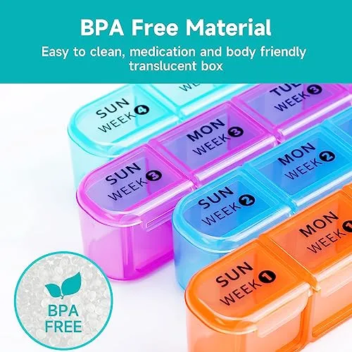 28 Day Monthly Pill Organizer - Weekly Pill Box 1 Time a Day, 4 Weeks Large Pill Case for Traveling, Big Compartment Personal Pill Organizers for Vitamins, Fish Oils, Supplements and Medicine