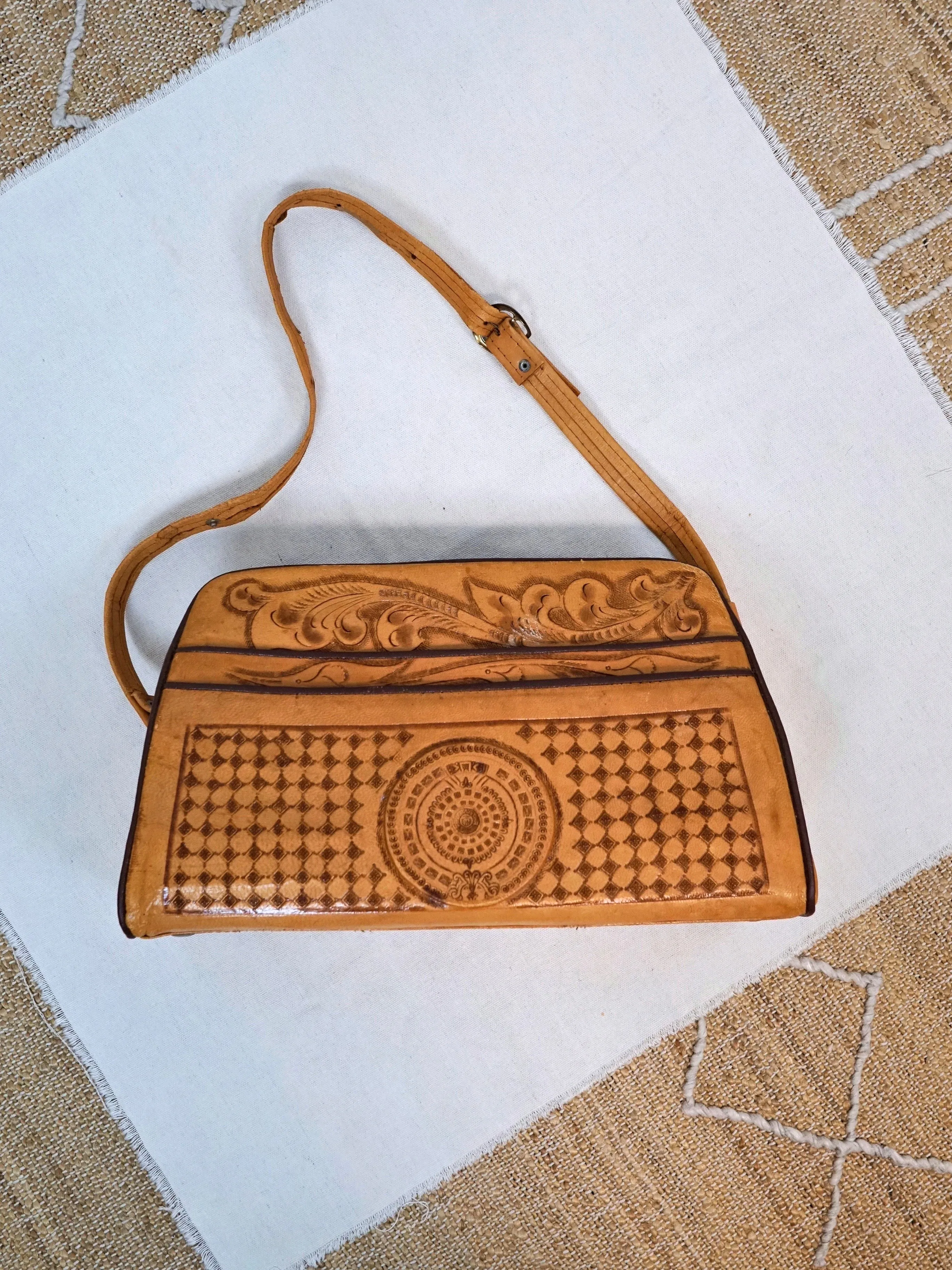 70's Tooled Leather Llama Bag