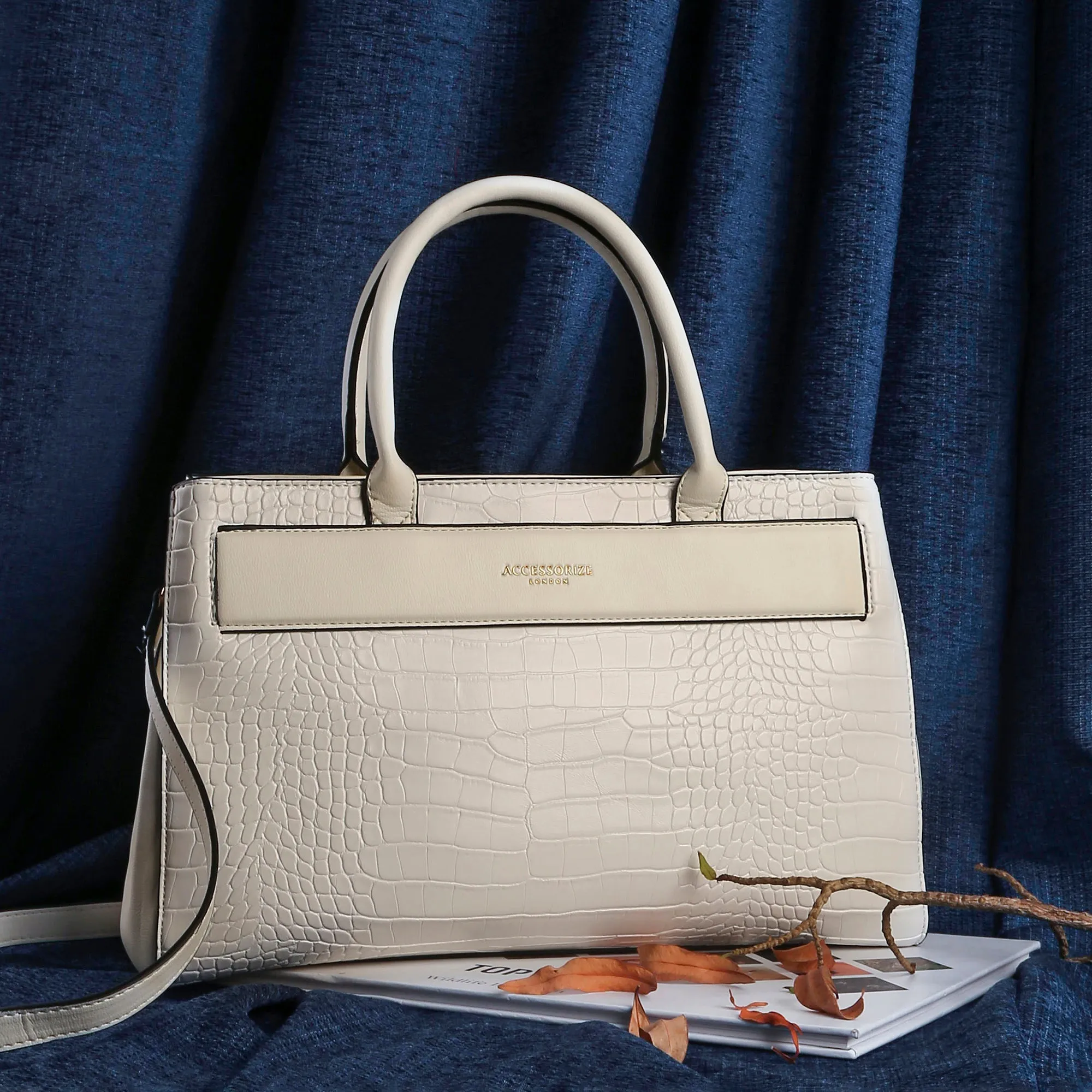 Accessorize London Women's Faux Leather Ivory Beetel Croc Handheld Bag