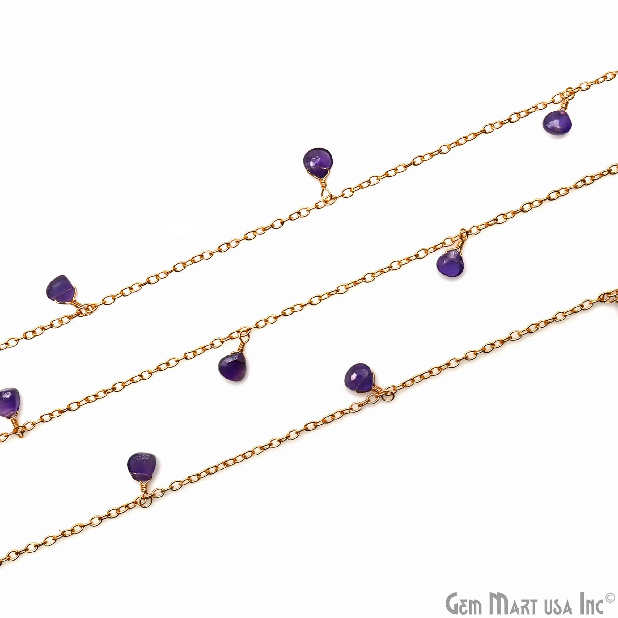 Amethyst Faceted Heart 5-6mm Gold Plated Cluster Dangle Rosary Chain