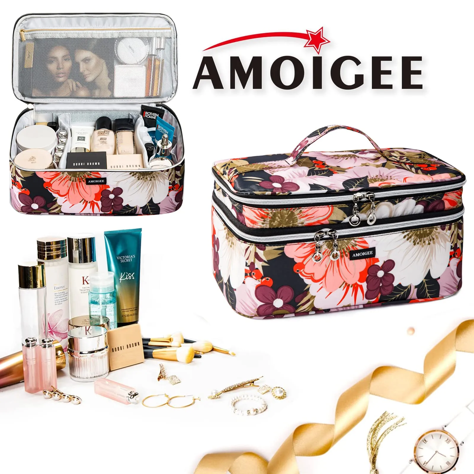 AMOIGEE Large Travel Makeup Bag Organizer, Double Layer Train Case, Toiletry Bag for Makeup Brushes, Full Size Bottles, Palettes Sponge, Cosmetic, Peonnies.