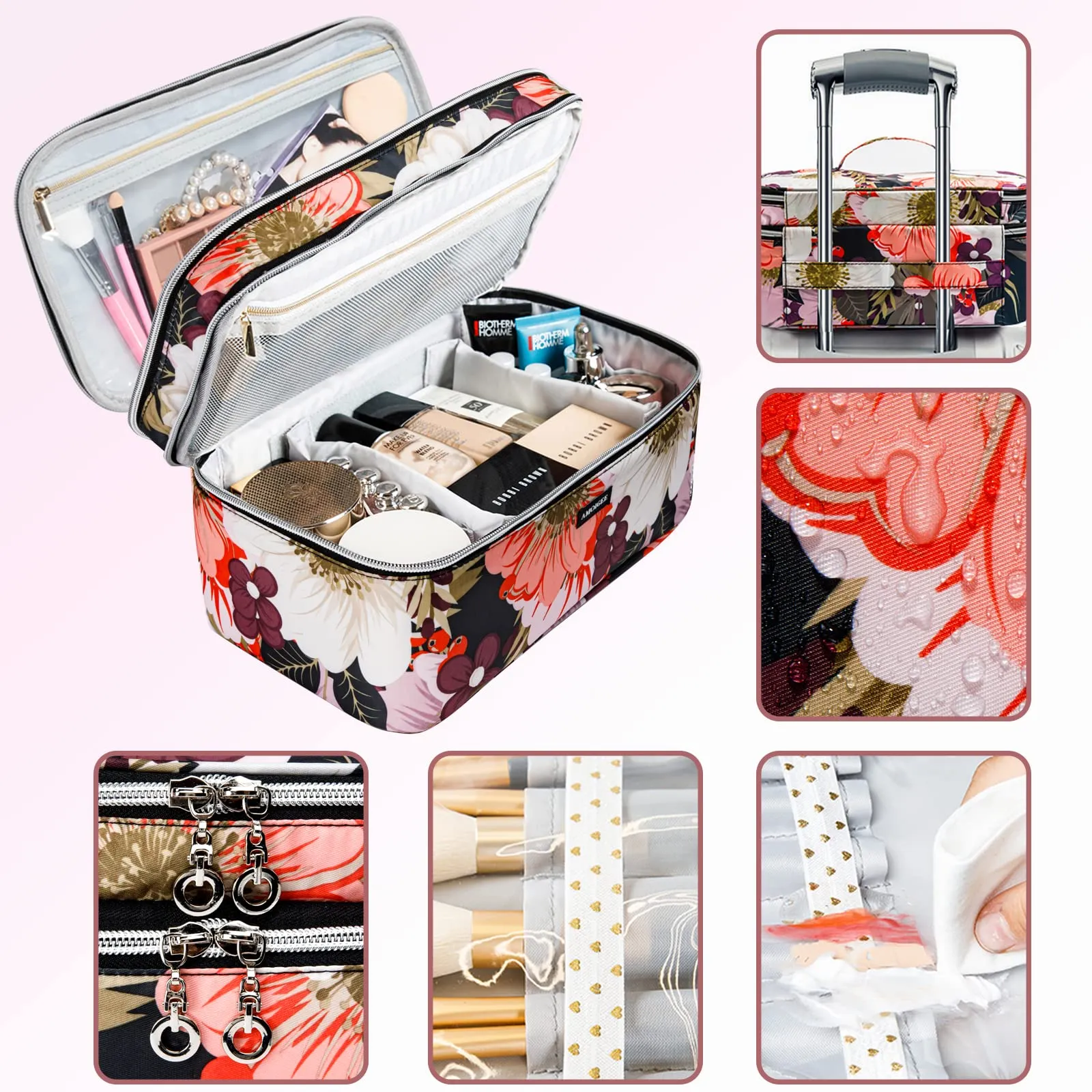 AMOIGEE Large Travel Makeup Bag Organizer, Double Layer Train Case, Toiletry Bag for Makeup Brushes, Full Size Bottles, Palettes Sponge, Cosmetic, Peonnies.