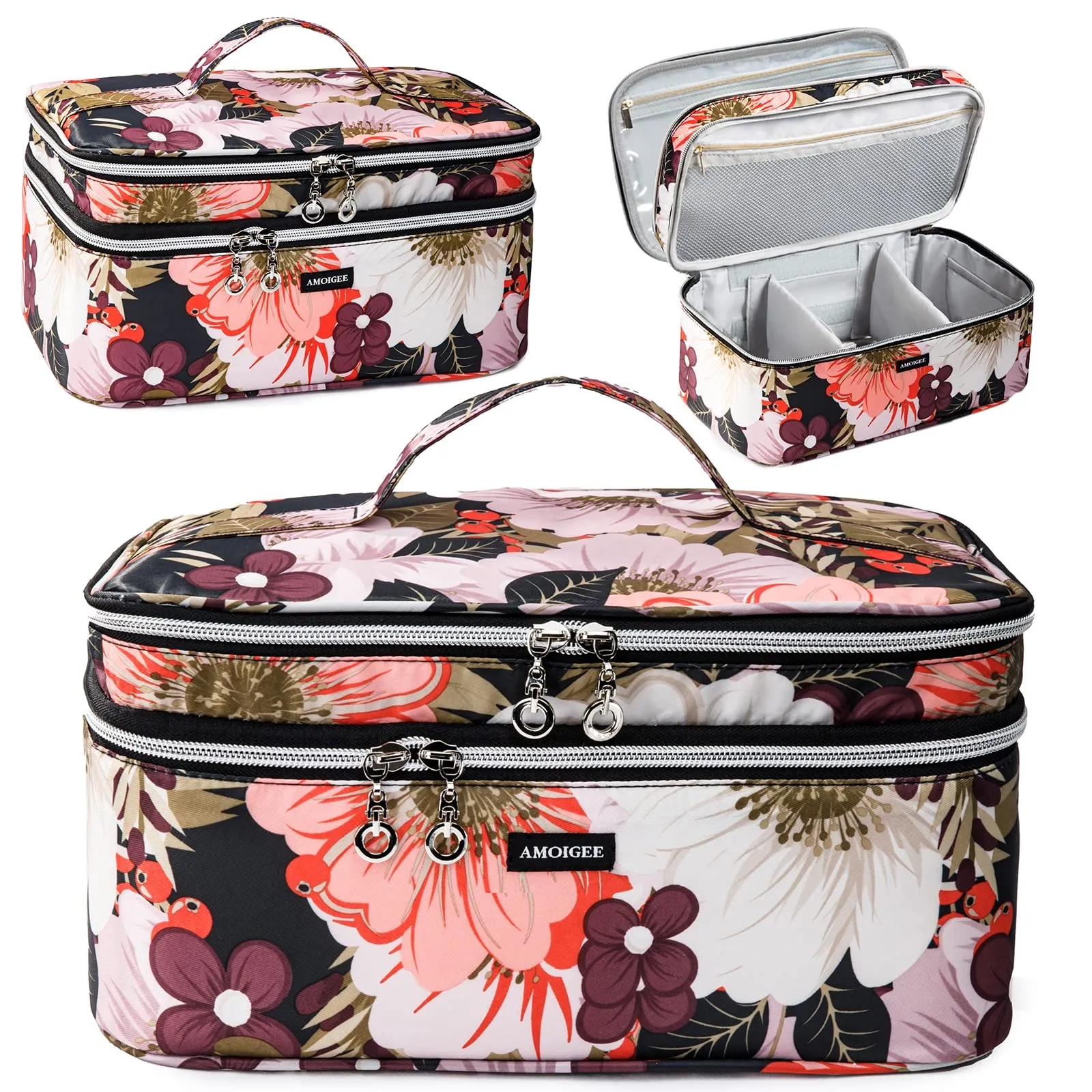 AMOIGEE Large Travel Makeup Bag Organizer, Double Layer Train Case, Toiletry Bag for Makeup Brushes, Full Size Bottles, Palettes Sponge, Cosmetic, Peonnies.