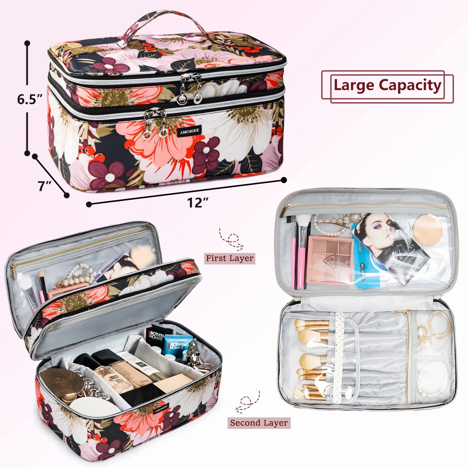 AMOIGEE Large Travel Makeup Bag Organizer, Double Layer Train Case, Toiletry Bag for Makeup Brushes, Full Size Bottles, Palettes Sponge, Cosmetic, Peonnies.