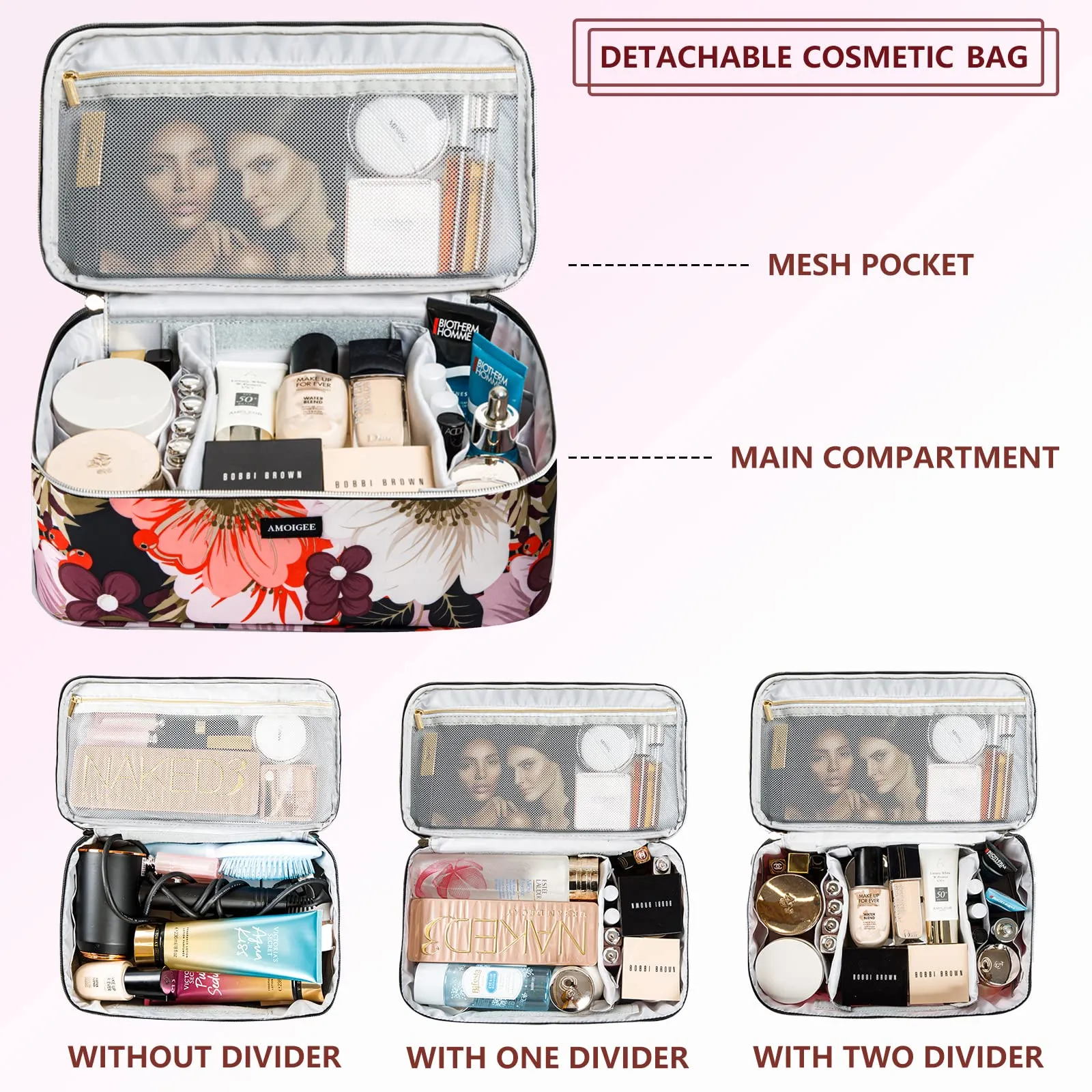 AMOIGEE Large Travel Makeup Bag Organizer, Double Layer Train Case, Toiletry Bag for Makeup Brushes, Full Size Bottles, Palettes Sponge, Cosmetic, Peonnies.