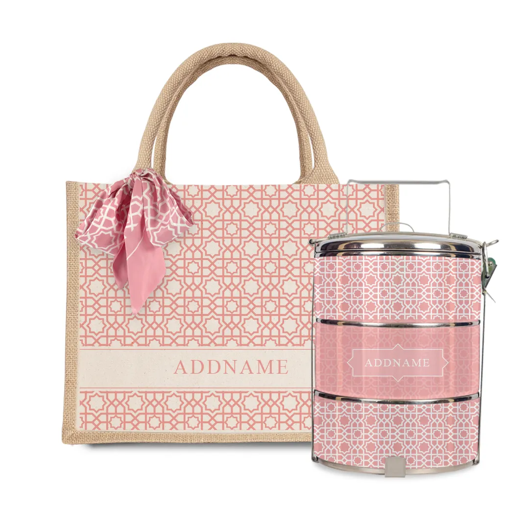 Annas Series - Peach Half Lining Small Jute Bag with Tiffin Carrier