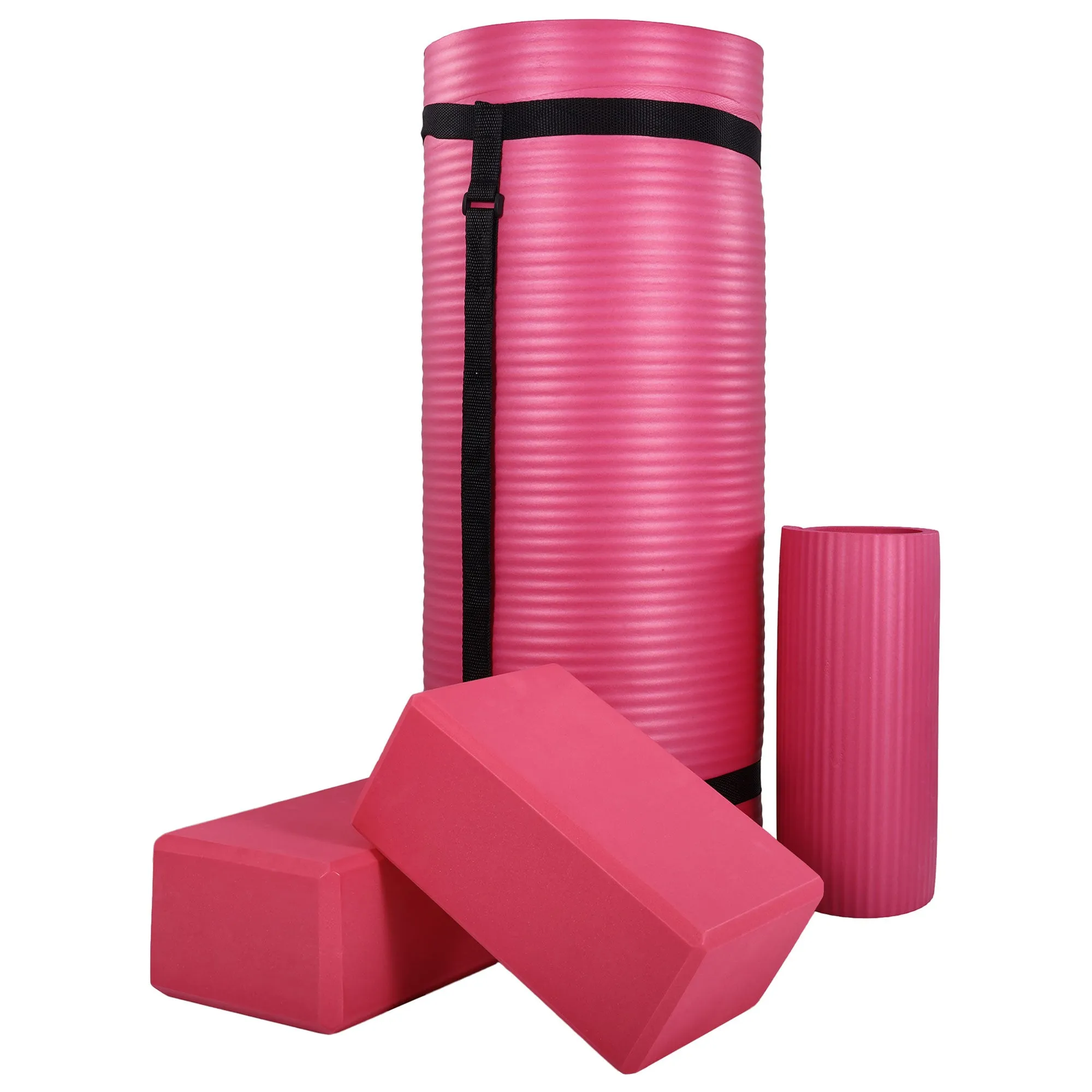 BalanceFrom 71"x24" Anti Tear Yoga Mat w/Strap, Knee Pad & Blocks,Pink(Open Box)