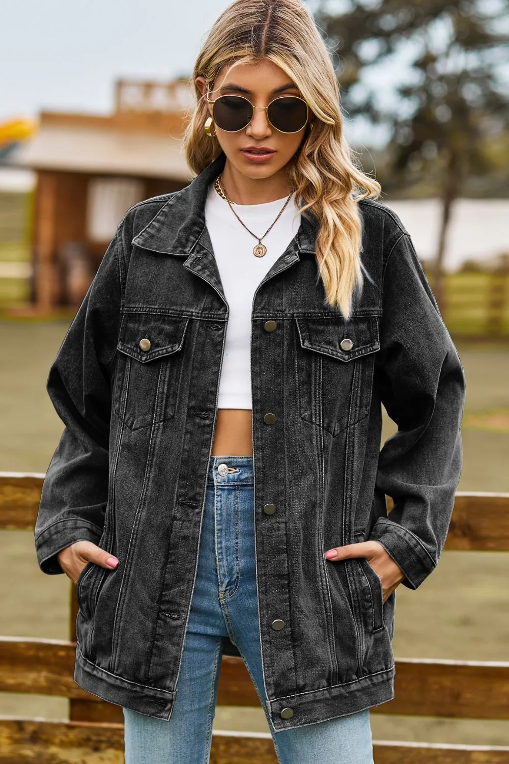 Buttoned Collared Neck Denim Jacket with Pockets