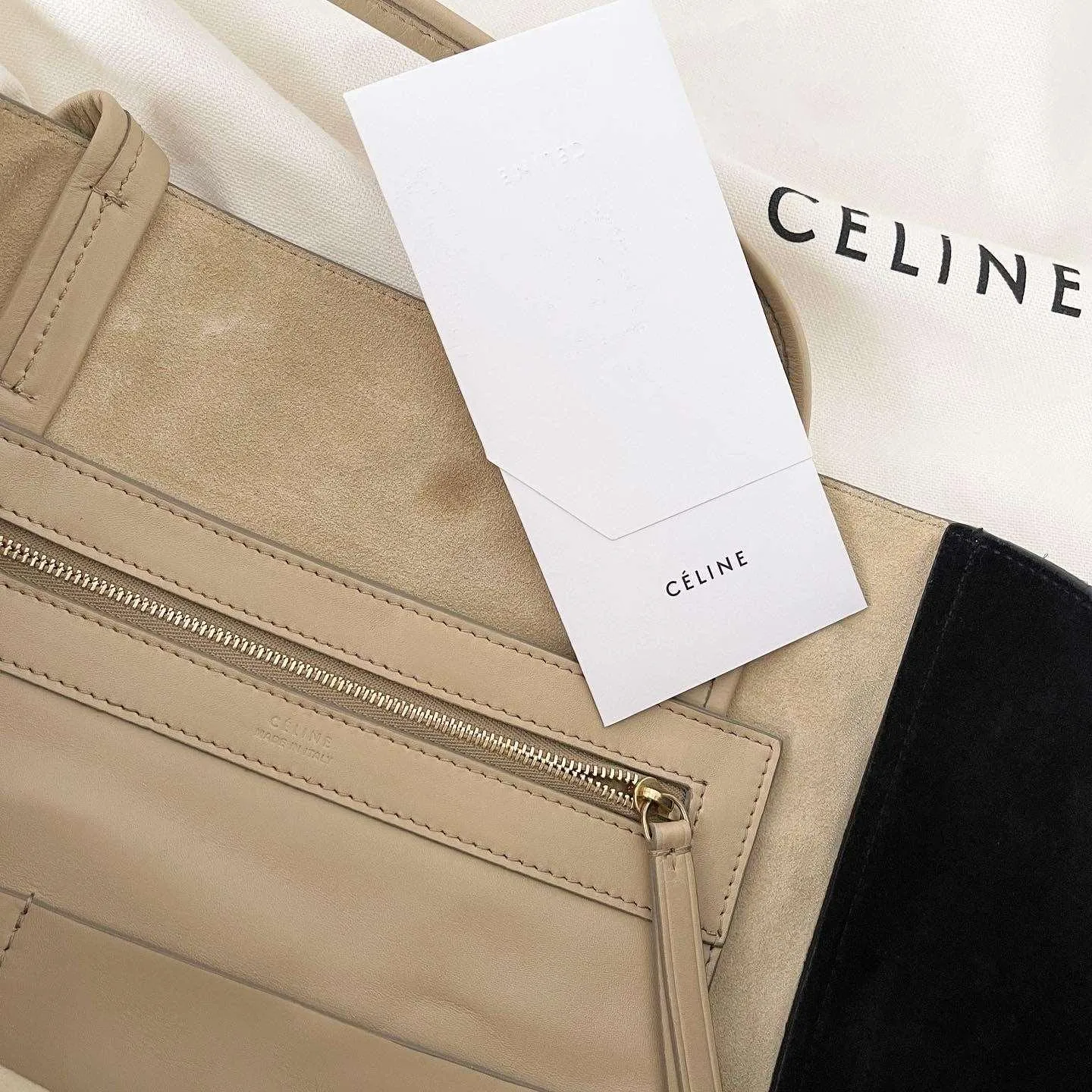 CELINE Beige Leather and Black Suede Horizontal Phantom Cabas Tote Bag