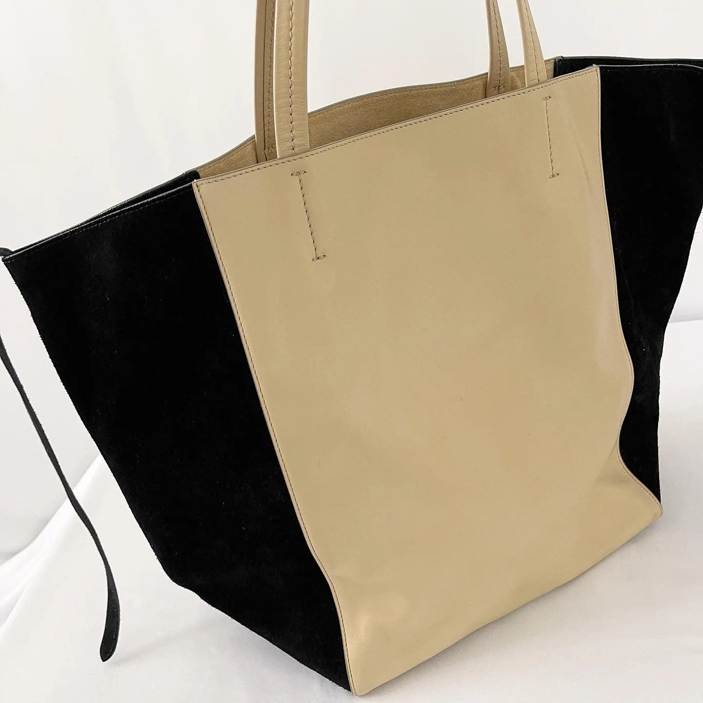 CELINE Beige Leather and Black Suede Horizontal Phantom Cabas Tote Bag