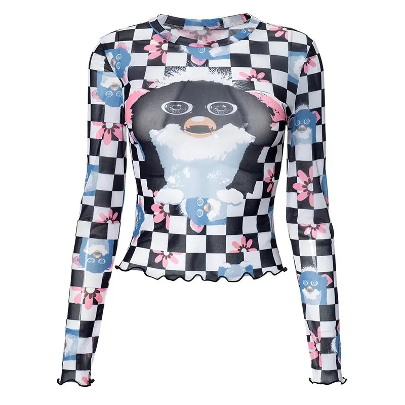 Checkerboard Animal Print Graphic Tees Woman Transparent Mesh Long Sleeve T Shirt Teen Girl Clothes Y2k Tops P85-AH10