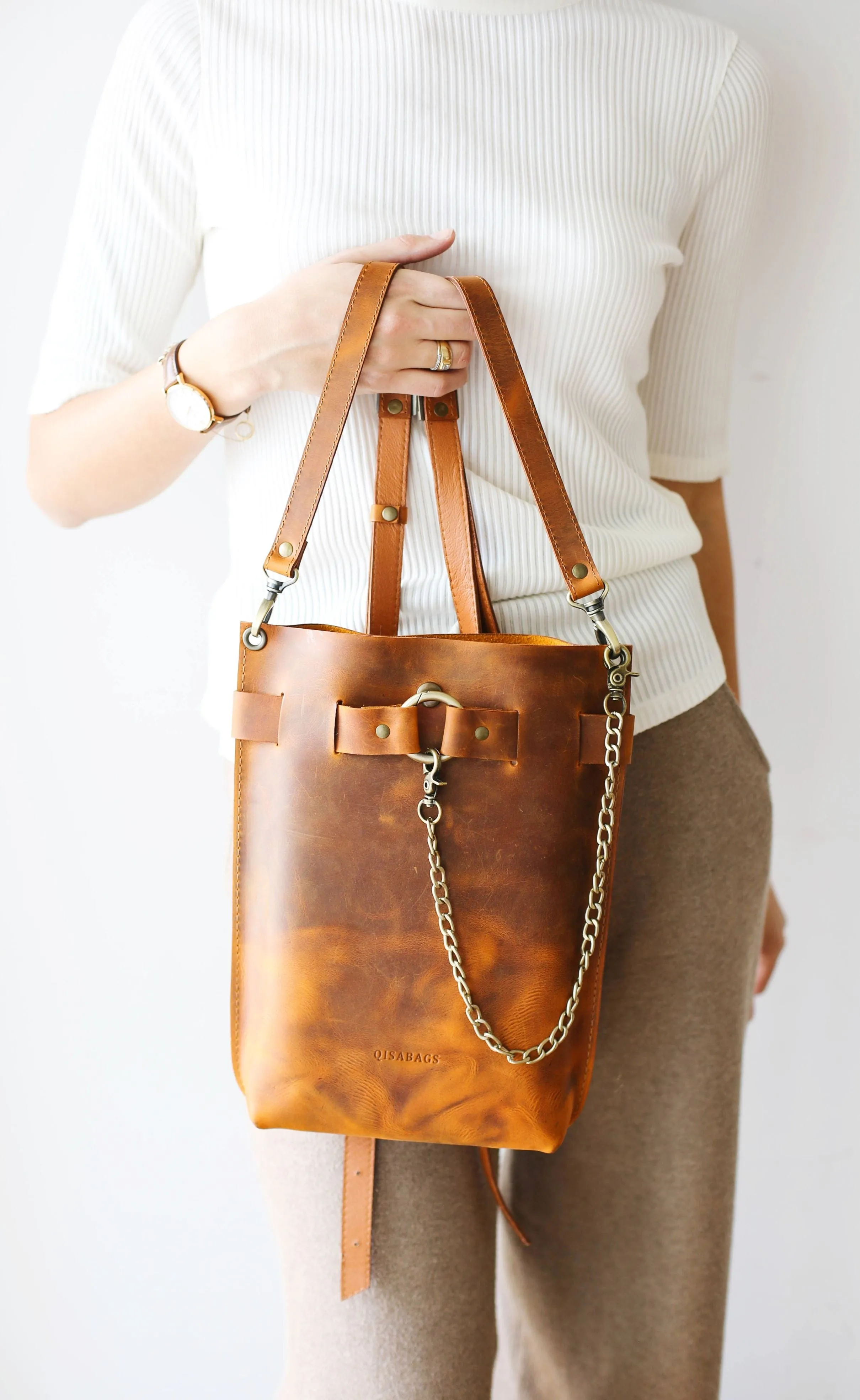 Cognac Brown Leather Bag - "Ring Belt Edition"