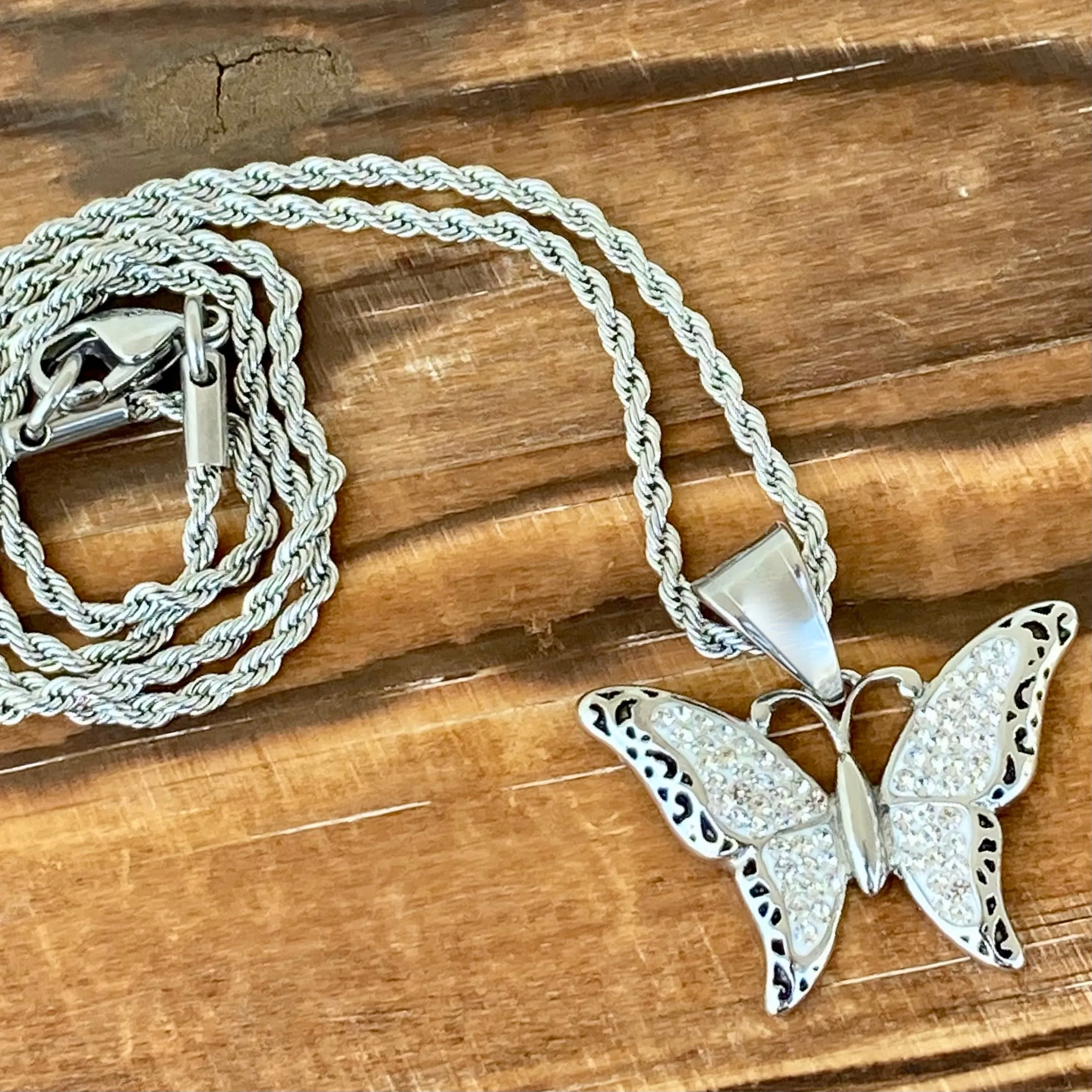 Crystal Butterfly - Mini Pendant - White - Rope Necklace or Omega - SK2581M