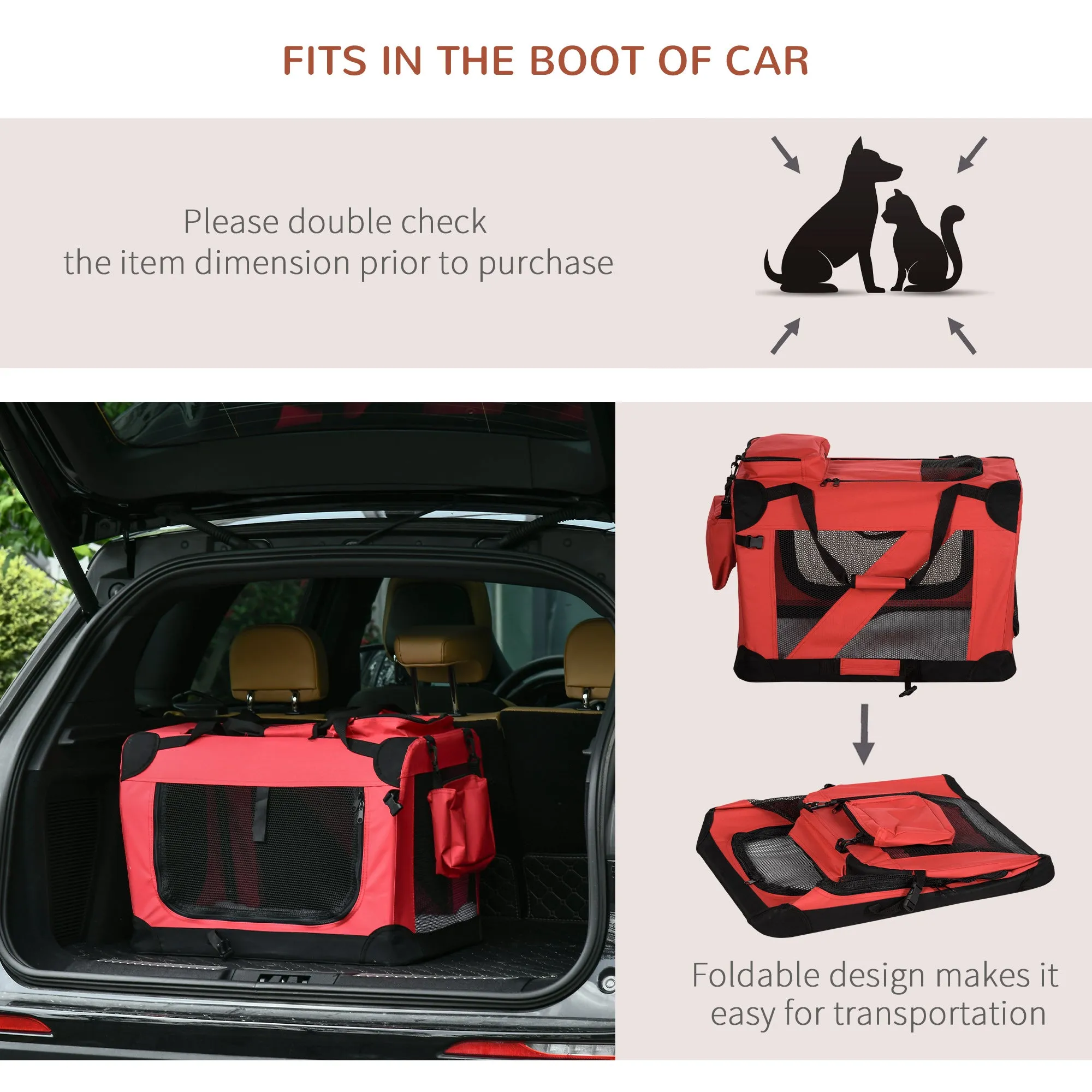 Dog Carrier Bag Portable Cat Carrier Folding Dog Bag w/ PVC Oxford Cloth for Small and Miniature Dogs, 60 x 42 x 42 cm, Red