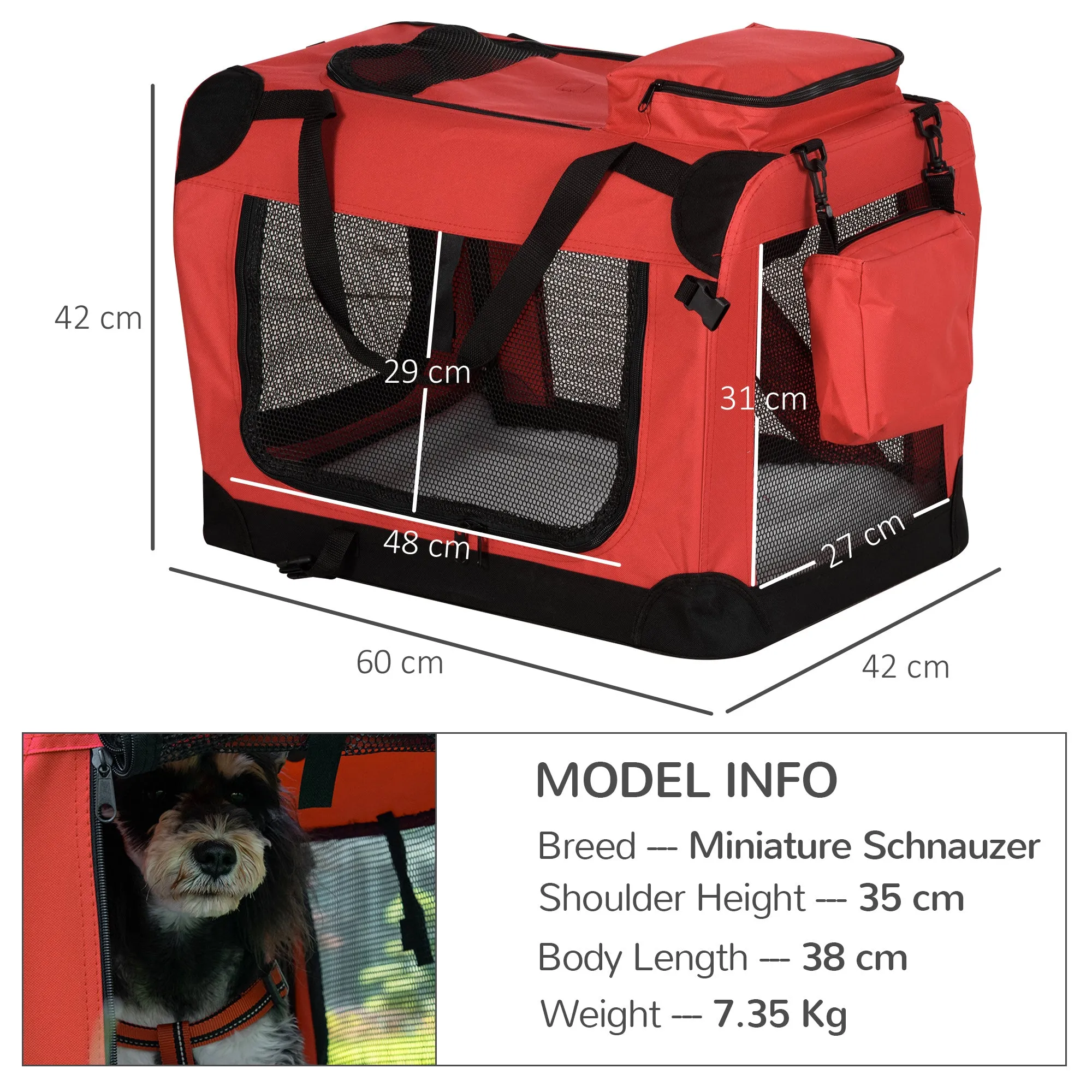 Dog Carrier Bag Portable Cat Carrier Folding Dog Bag w/ PVC Oxford Cloth for Small and Miniature Dogs, 60 x 42 x 42 cm, Red