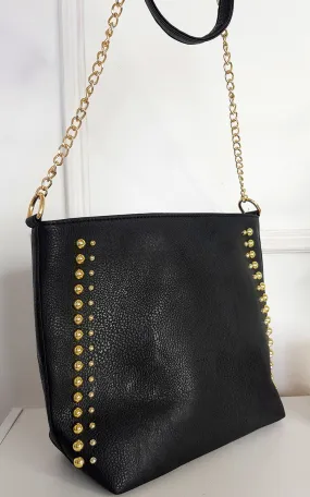 Faux Leather Studded Bag with Gold Chain Detail