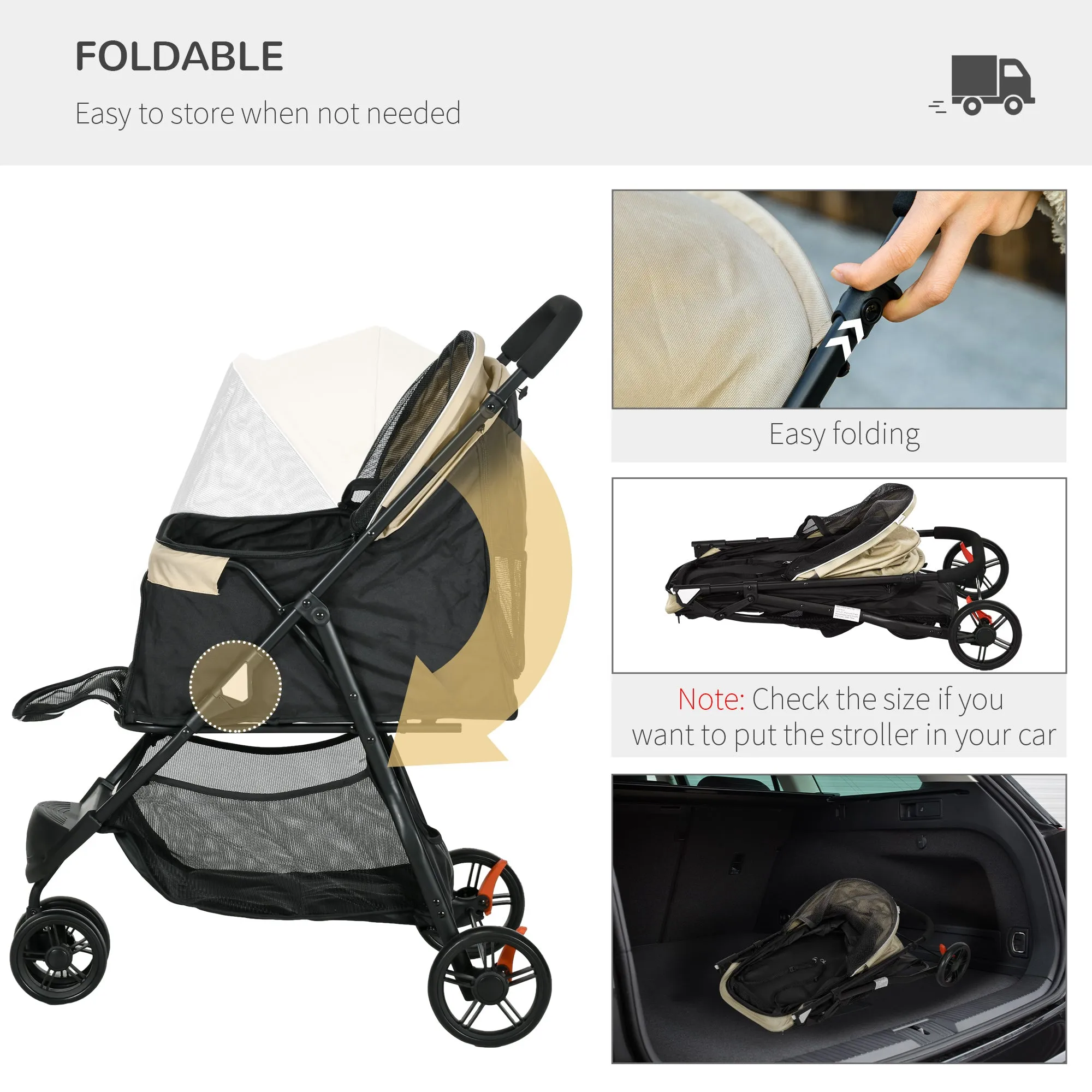 Foldable Pet Stroller with Rain Cover for XS and S-Sized Dogs Khaki