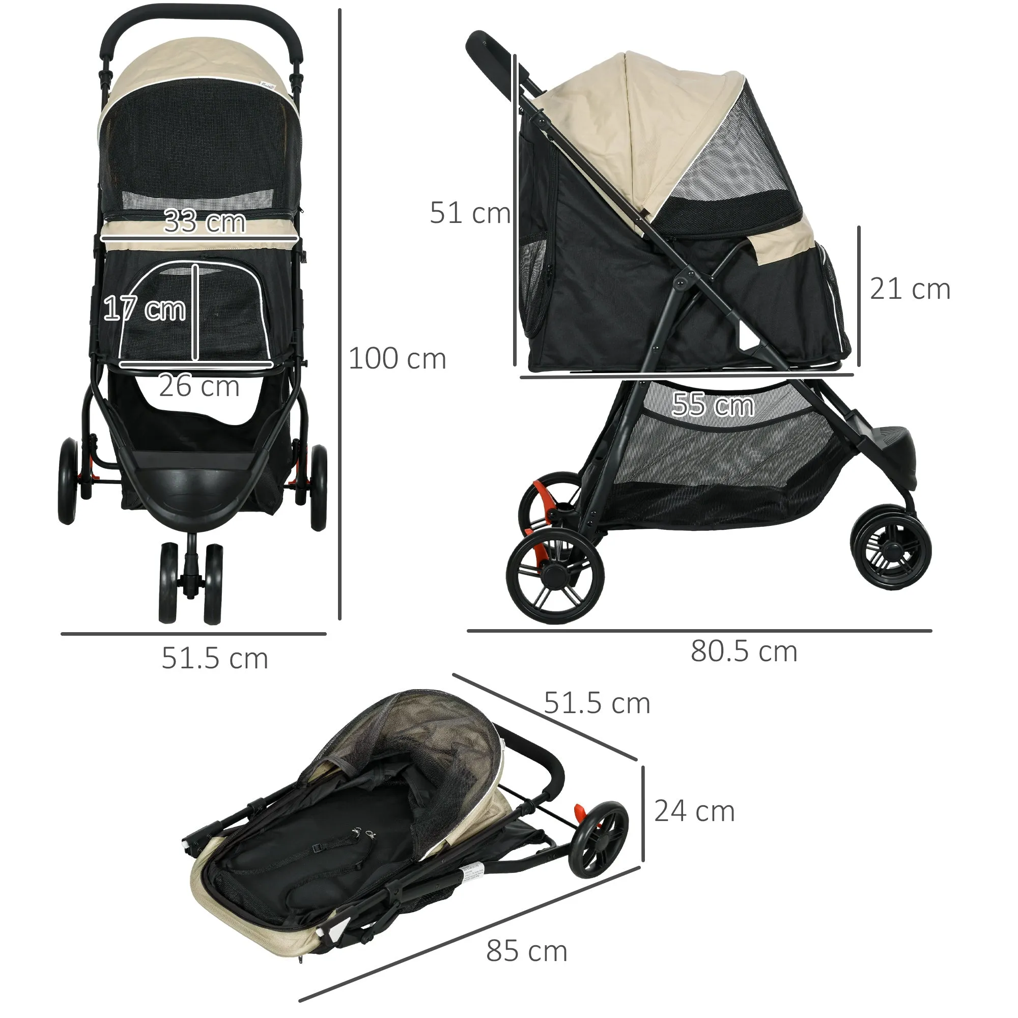 Foldable Pet Stroller with Rain Cover for XS and S-Sized Dogs Khaki