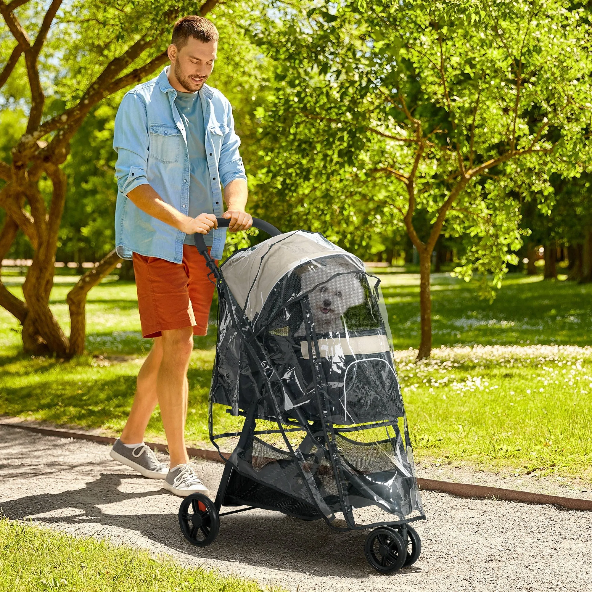 Foldable Pet Stroller with Rain Cover for XS and S-Sized Dogs Khaki