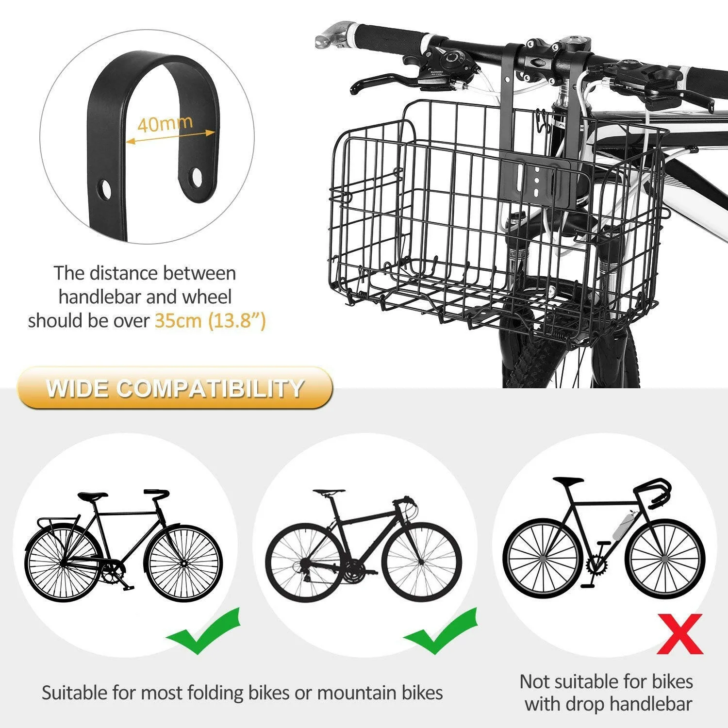 Folding Bike Basket Detchable Steel Wire Bike Handlebar Front Basket Bicycle Rear Rack Hanging Basket Cycling Cargo Carrier