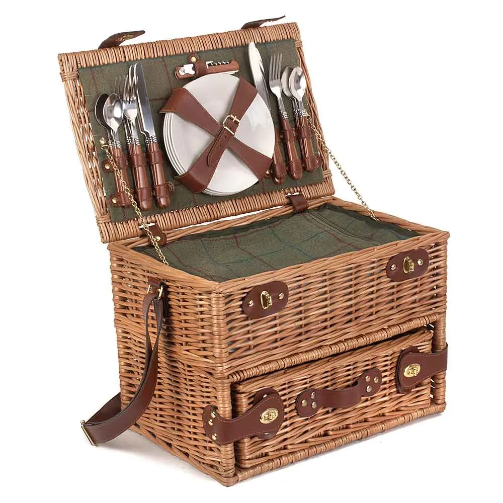 Fully Fitted Four Person Green Tweed Picnic Basket Hamper 097 by Willow