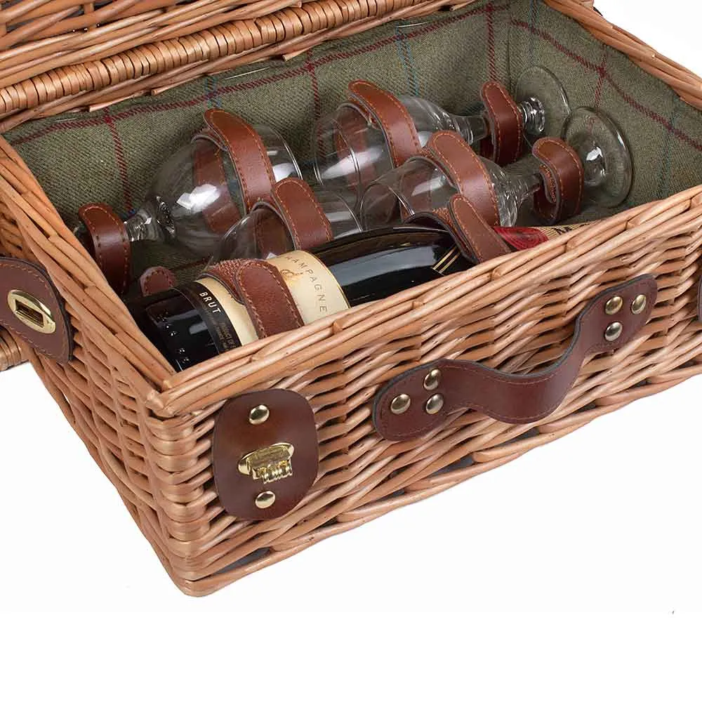 Fully Fitted Four Person Green Tweed Picnic Basket Hamper 097 by Willow