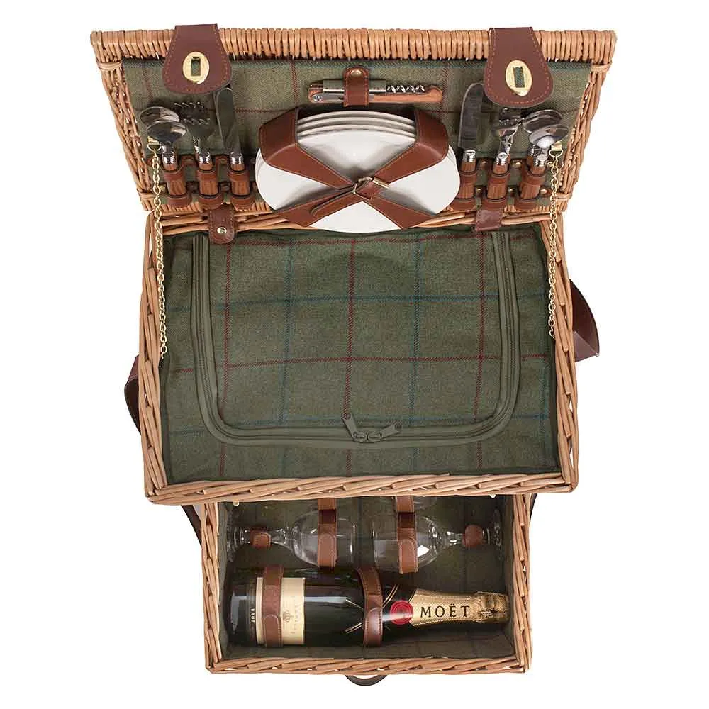 Fully Fitted Four Person Green Tweed Picnic Basket Hamper 097 by Willow