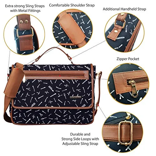 Funk For Hire Printed Flap Closure Cotton Canvas And Faux Leather Laptop Sling Bag Fit Up To 17" Screen (Dark Navy Blue)