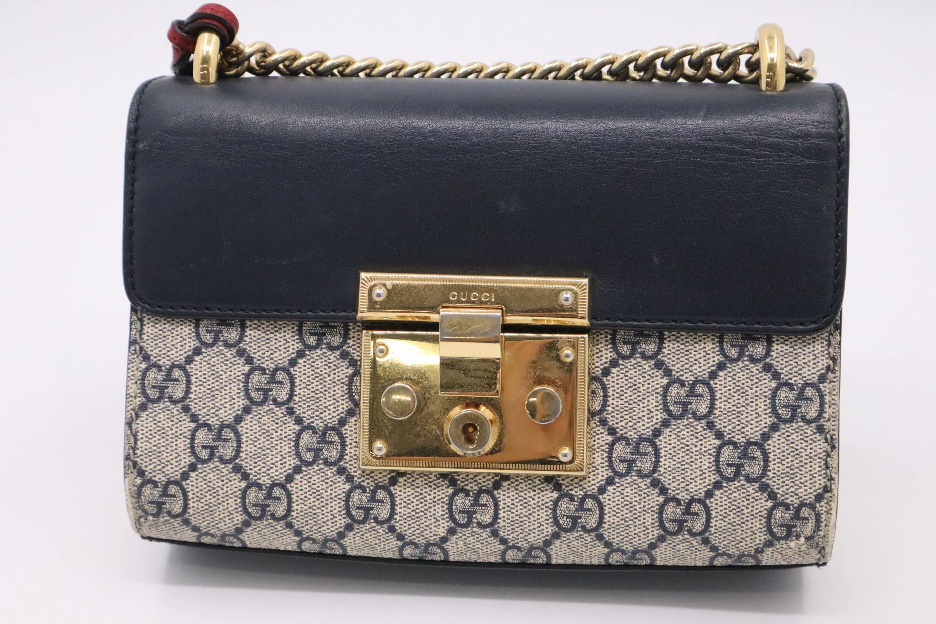 Gucci Padlock Mini Shoulder Bag in Red and Navy Leather and Beige Monogram Canvas