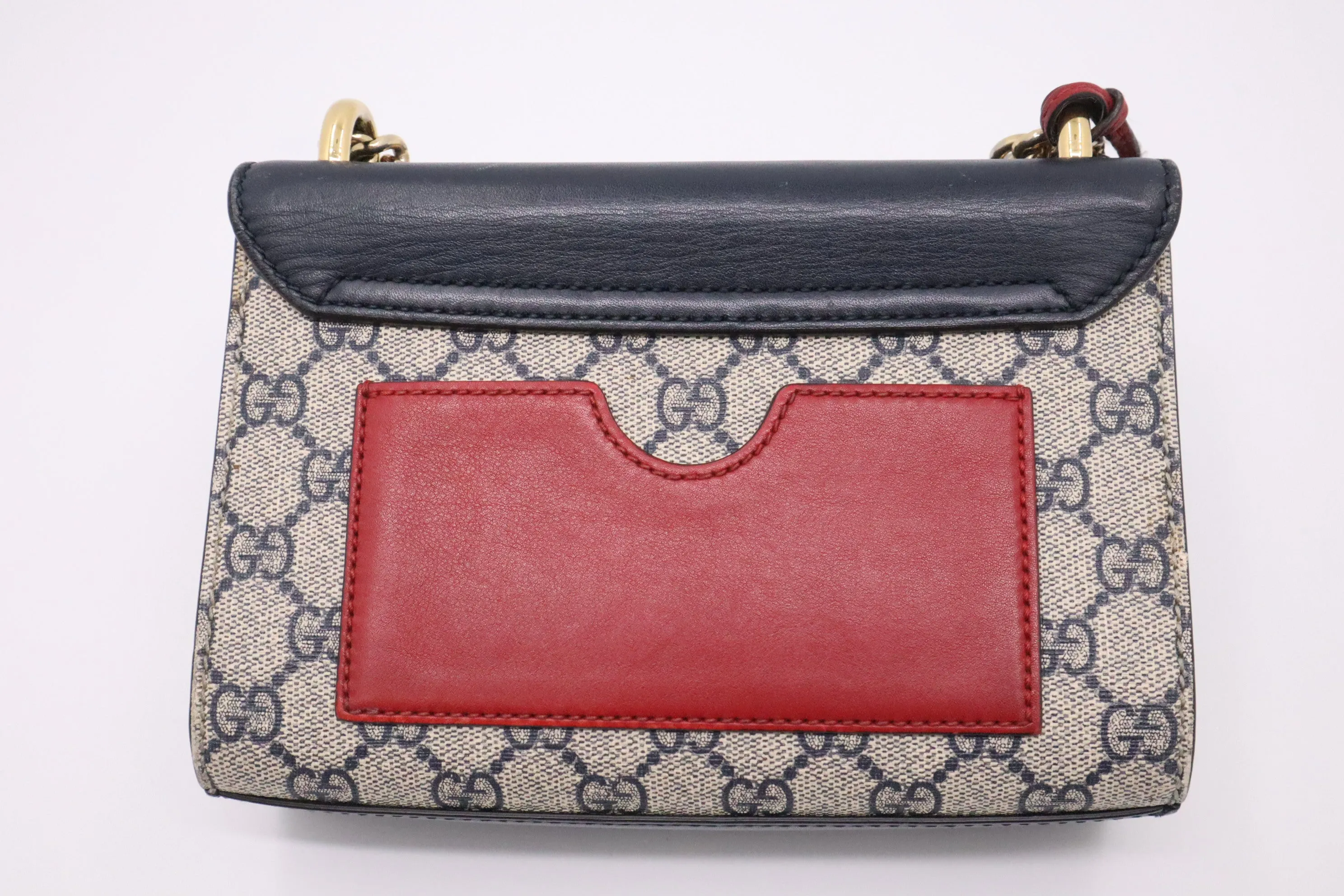 Gucci Padlock Mini Shoulder Bag in Red and Navy Leather and Beige Monogram Canvas