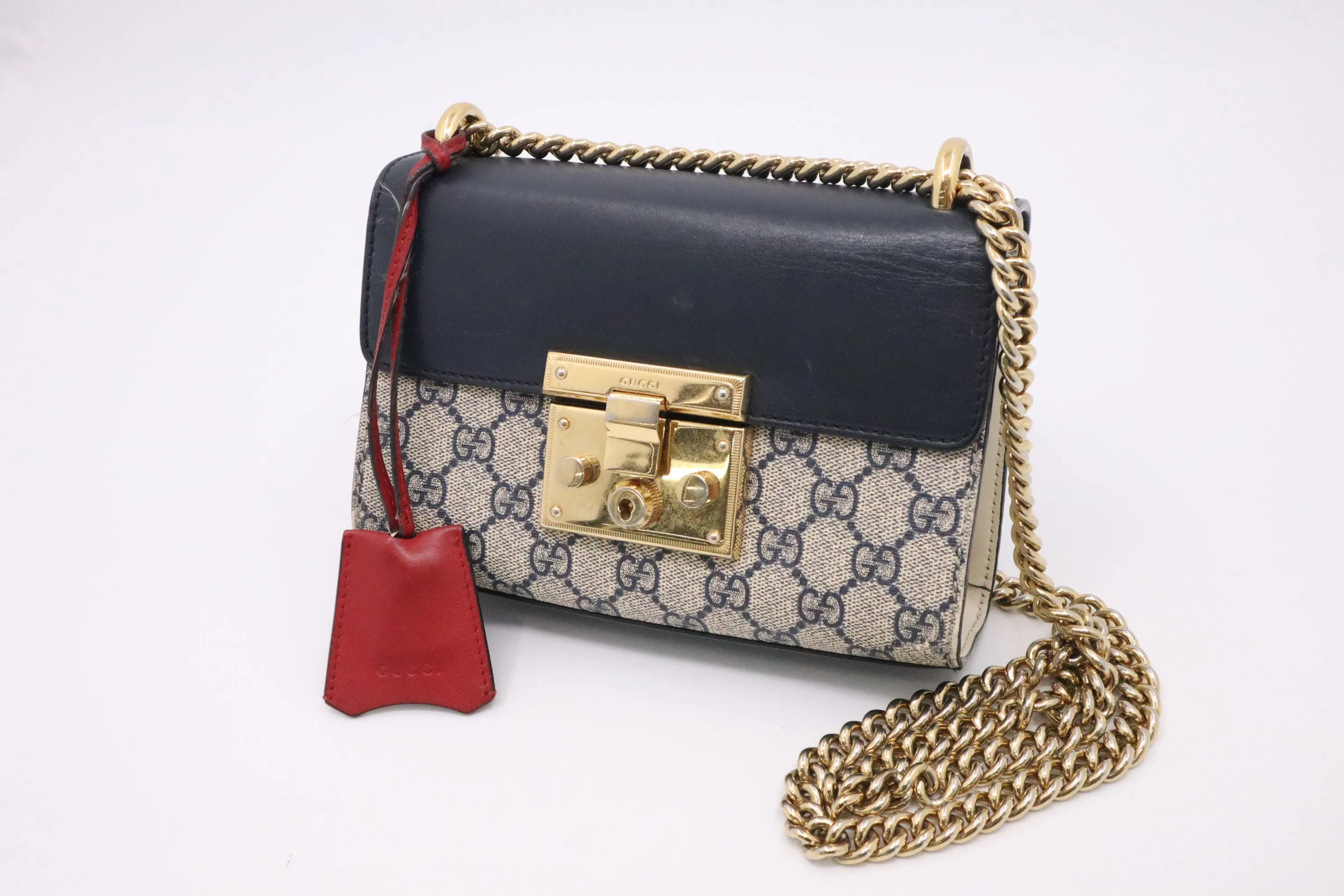 Gucci Padlock Mini Shoulder Bag in Red and Navy Leather and Beige Monogram Canvas