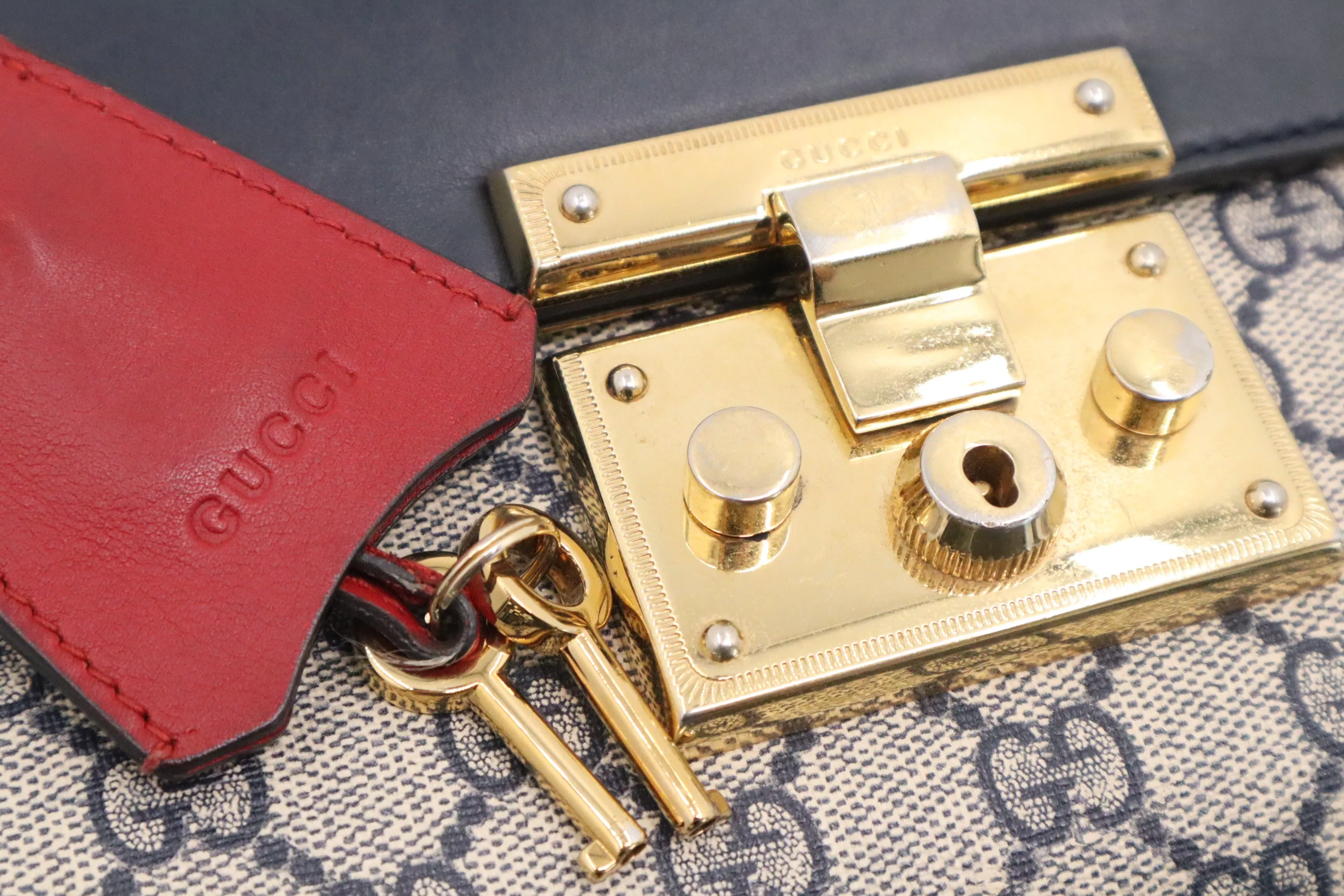 Gucci Padlock Mini Shoulder Bag in Red and Navy Leather and Beige Monogram Canvas