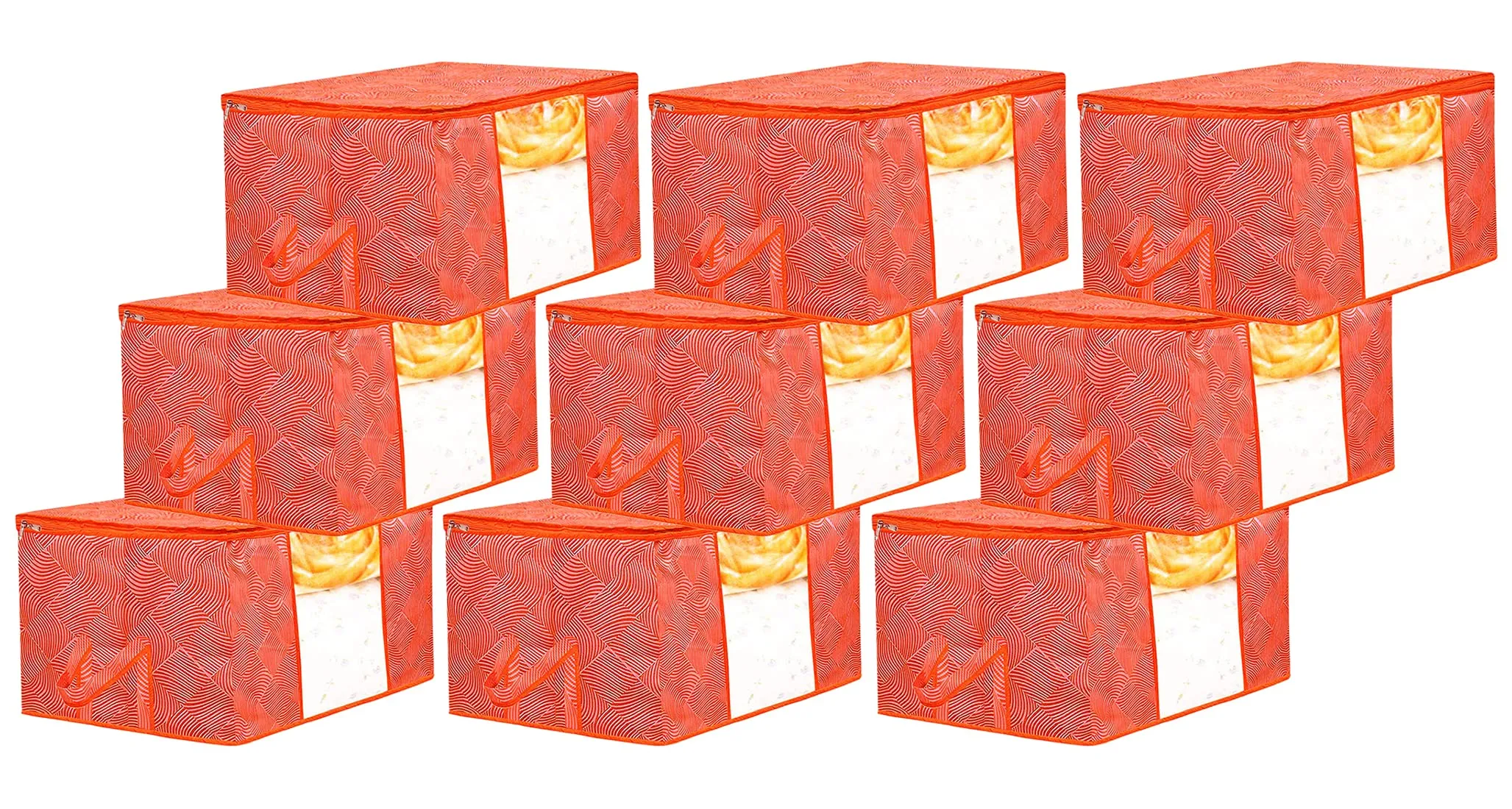 Heart Home Lahariya Design Non-woven Underbed, Strorage Organizer With Transparent Window- Pack of 9 (Orange)-44HH0506