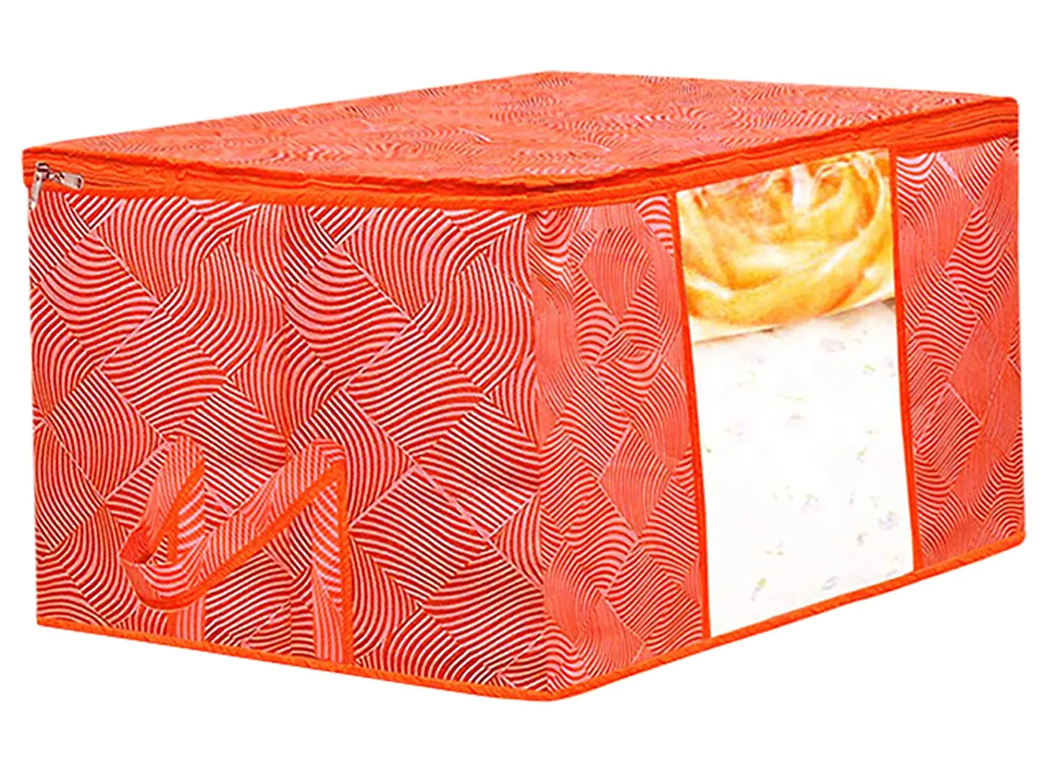 Heart Home Lahariya Design Non-woven Underbed, Strorage Organizer With Transparent Window- Pack of 9 (Orange)-44HH0506