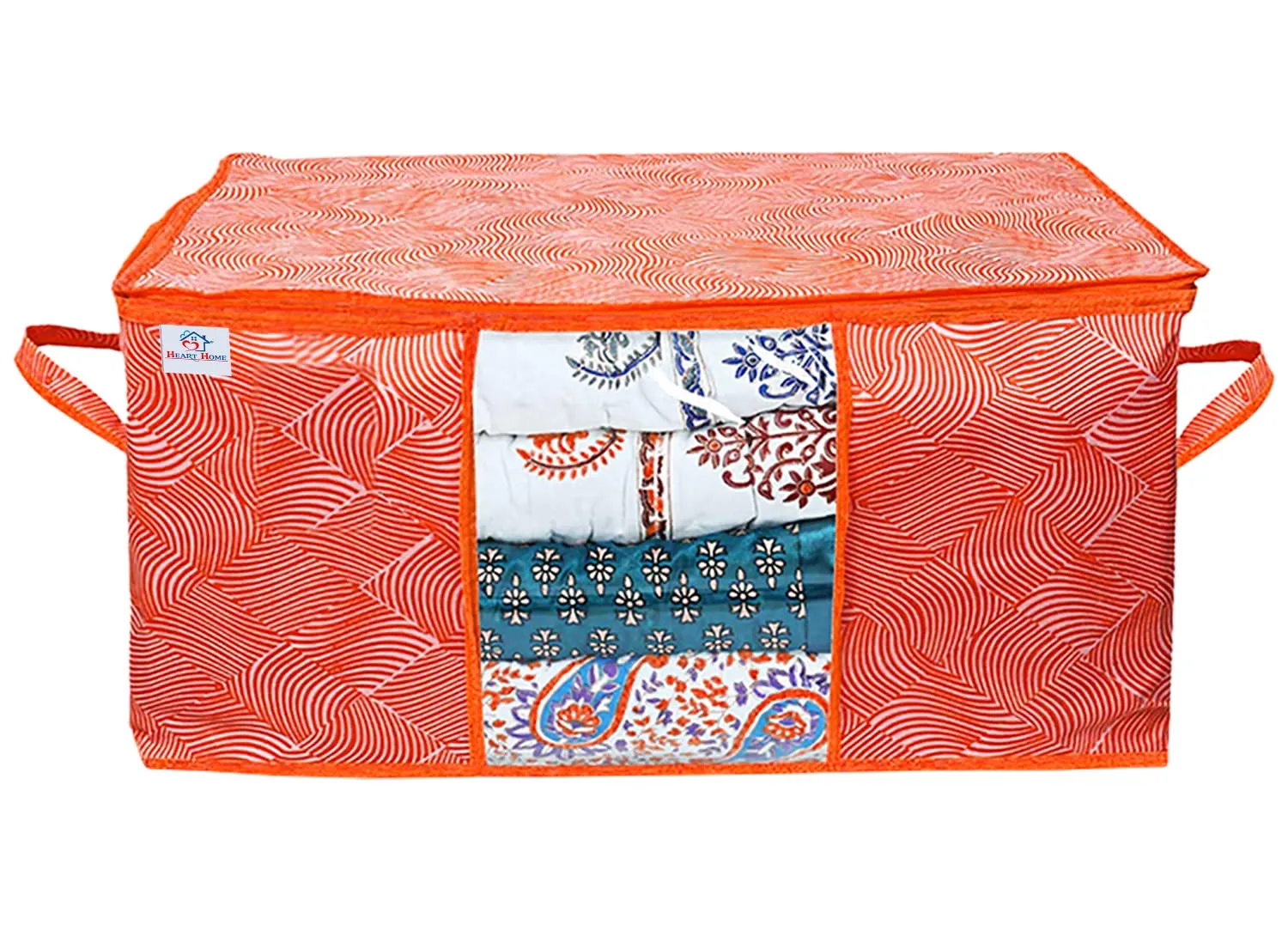 Heart Home Lahariya Design Non-woven Underbed, Strorage Organizer With Transparent Window- Pack of 9 (Orange)-44HH0506