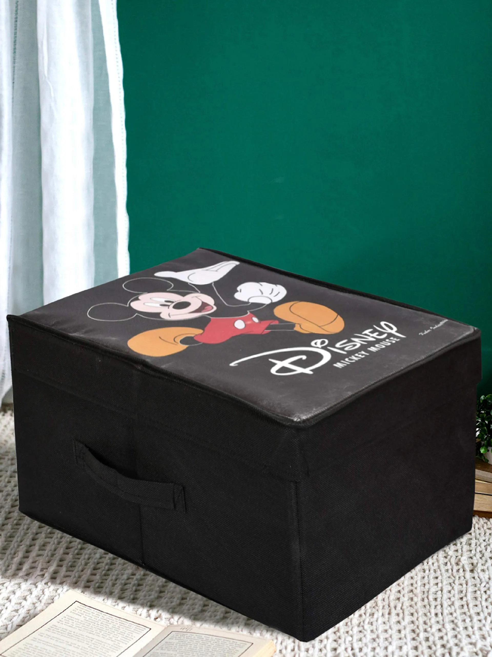 Kuber Industries Disney Mickey Minnie Mouse Print Non Woven 2 Pieces Fabric Foldable Shirt Cover Storage Organizer Box with with Lid, Extra Large (Black & Red)-KUBMART1729