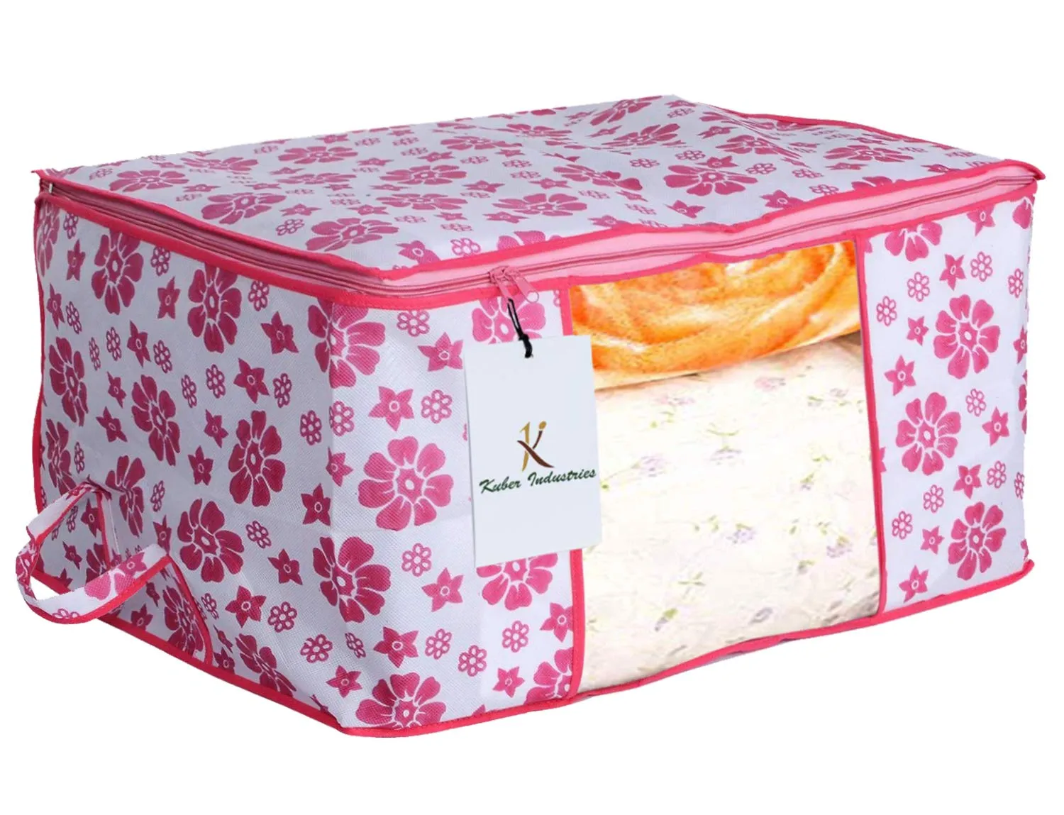 Kuber Industries Flower Printed Non Woven 3 Pieces Saree Cover and 3 Pieces Underbed Storage Bag, Cloth Organizer for Storage, Blanket Cover Combo Set (Pink) -CTKTC038612