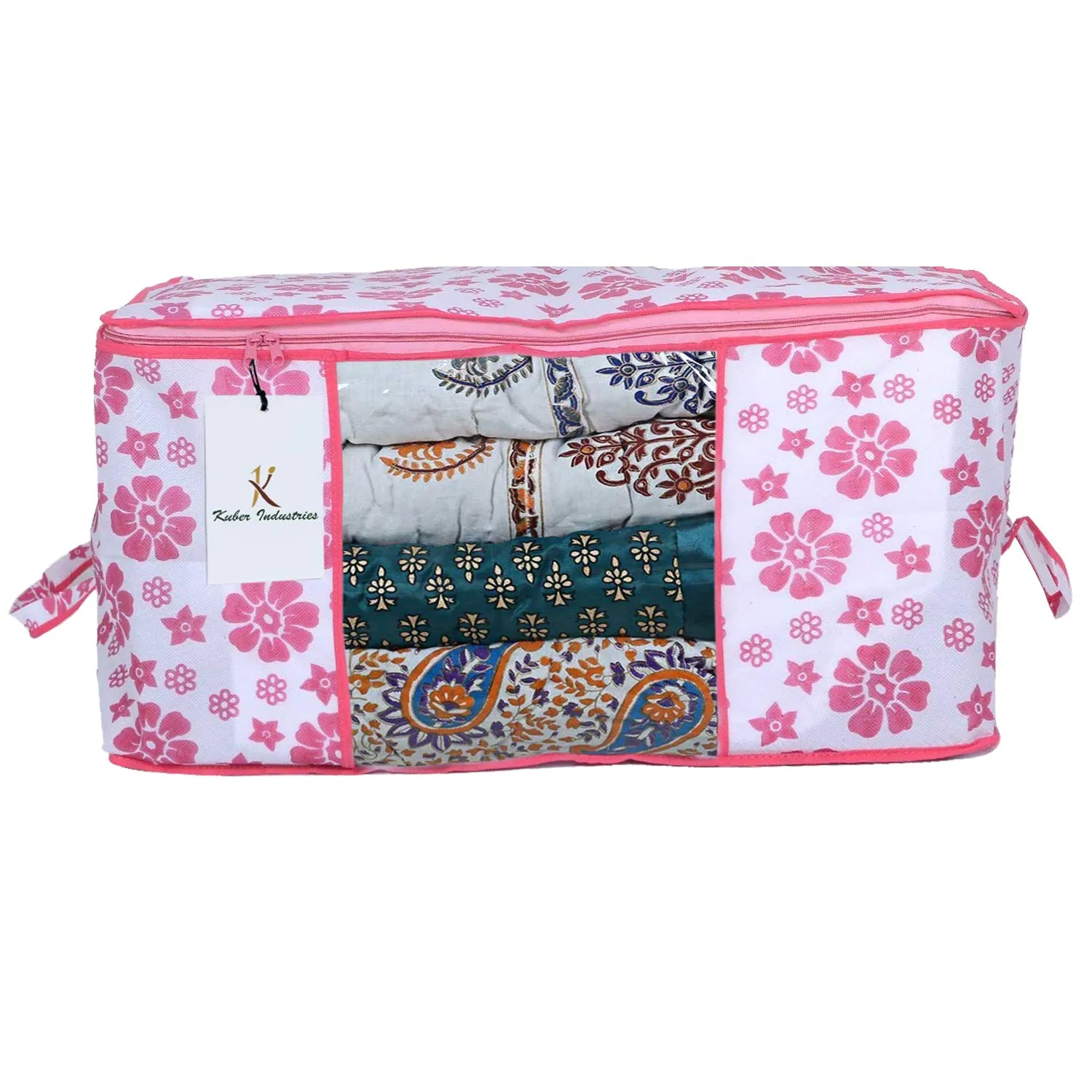 Kuber Industries Flower Printed Non Woven 3 Pieces Saree Cover and 3 Pieces Underbed Storage Bag, Cloth Organizer for Storage, Blanket Cover Combo Set (Pink) -CTKTC038612