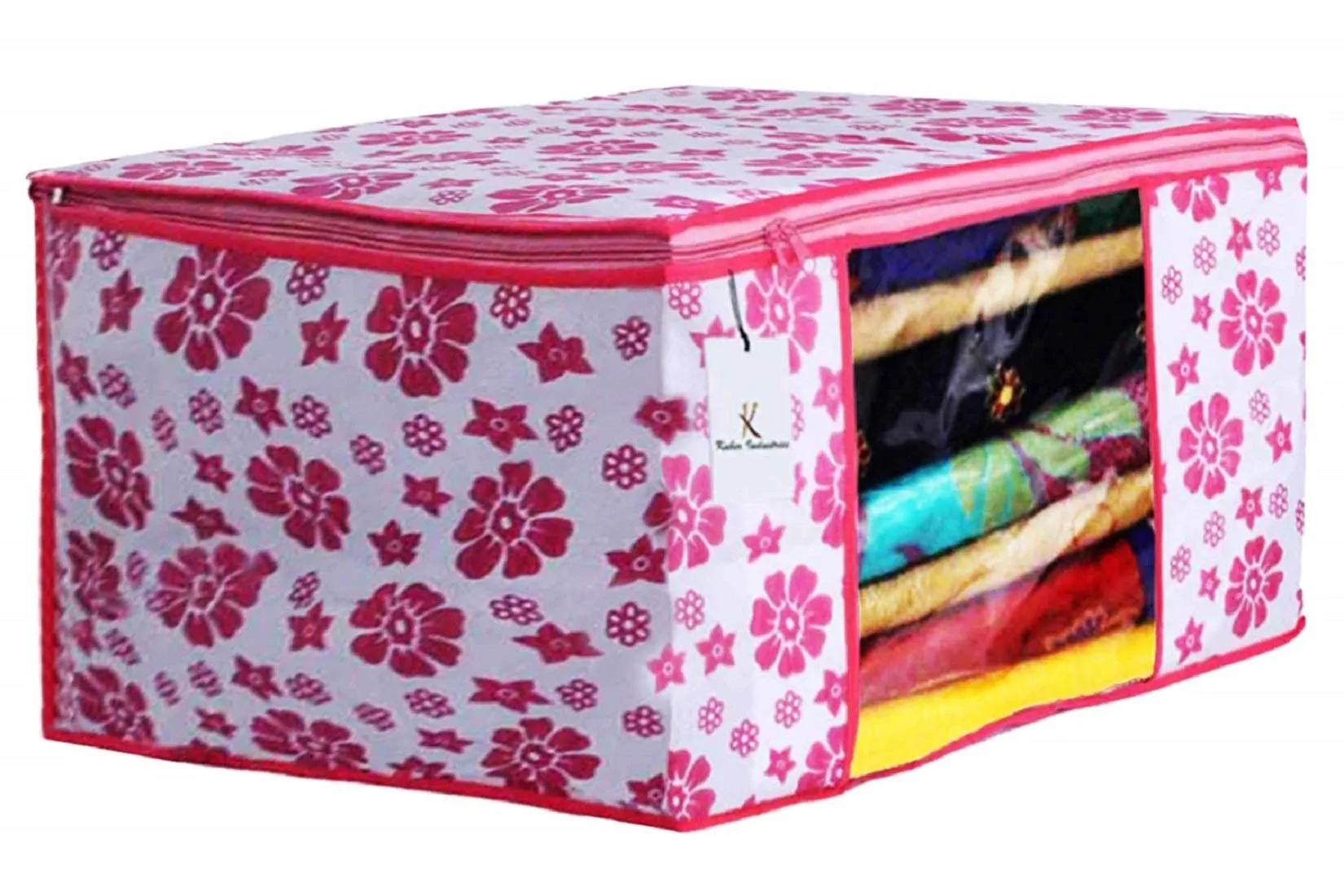 Kuber Industries Flower Printed Non Woven 3 Pieces Saree Cover and 3 Pieces Underbed Storage Bag, Cloth Organizer for Storage, Blanket Cover Combo Set (Pink) -CTKTC038612