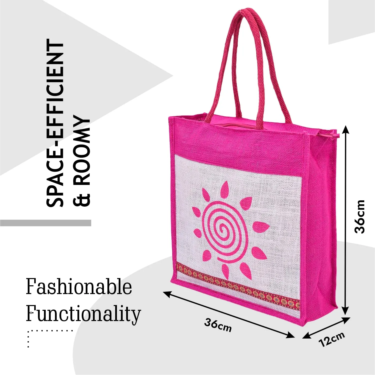 Kuber Industries Grocery Bag | Jute Carry Bag | Lunch Bags for Office | Zipper Grocery Bag with Handle | Vegetable Bag | Pink Sunflower Shopping Bag | Medium | Cream