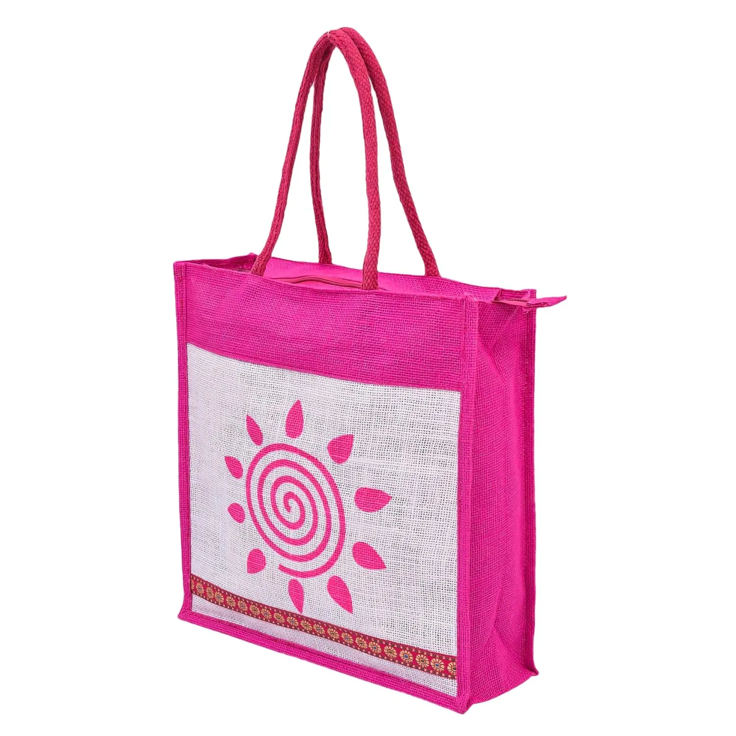 Kuber Industries Grocery Bag | Jute Carry Bag | Lunch Bags for Office | Zipper Grocery Bag with Handle | Vegetable Bag | Pink Sunflower Shopping Bag | Medium | Cream