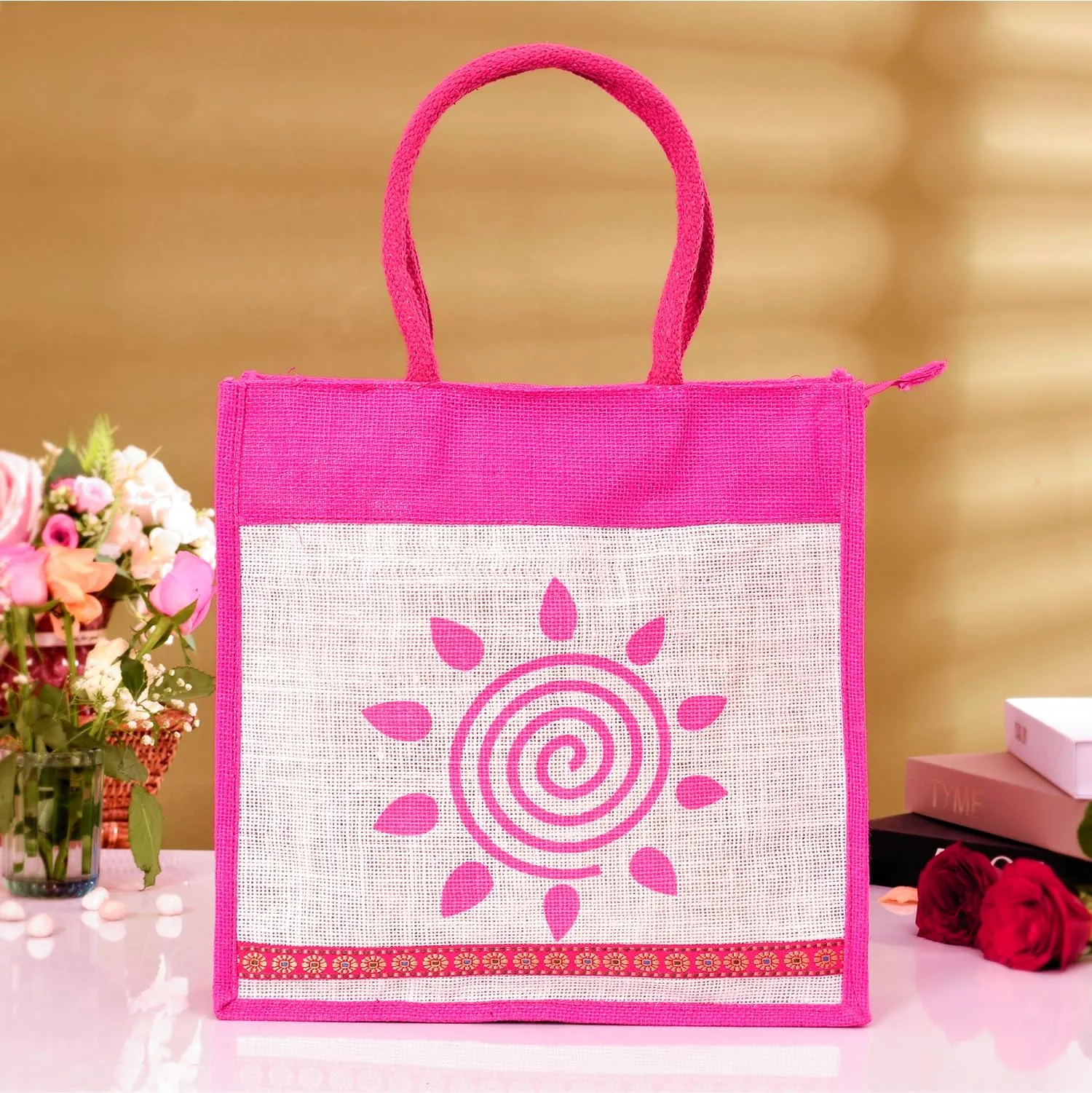 Kuber Industries Grocery Bag | Jute Carry Bag | Lunch Bags for Office | Zipper Grocery Bag with Handle | Vegetable Bag | Pink Sunflower Shopping Bag | Medium | Cream