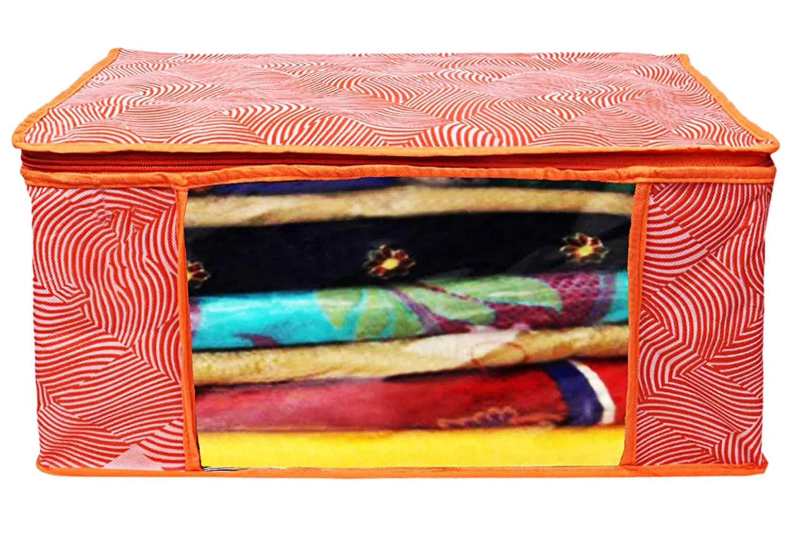 Kuber Industries Lahariya Design Non-woven Sarees, Clothes Cover/Organizer With Transparent Window- Pack of 9 (Orange)-44KM0382