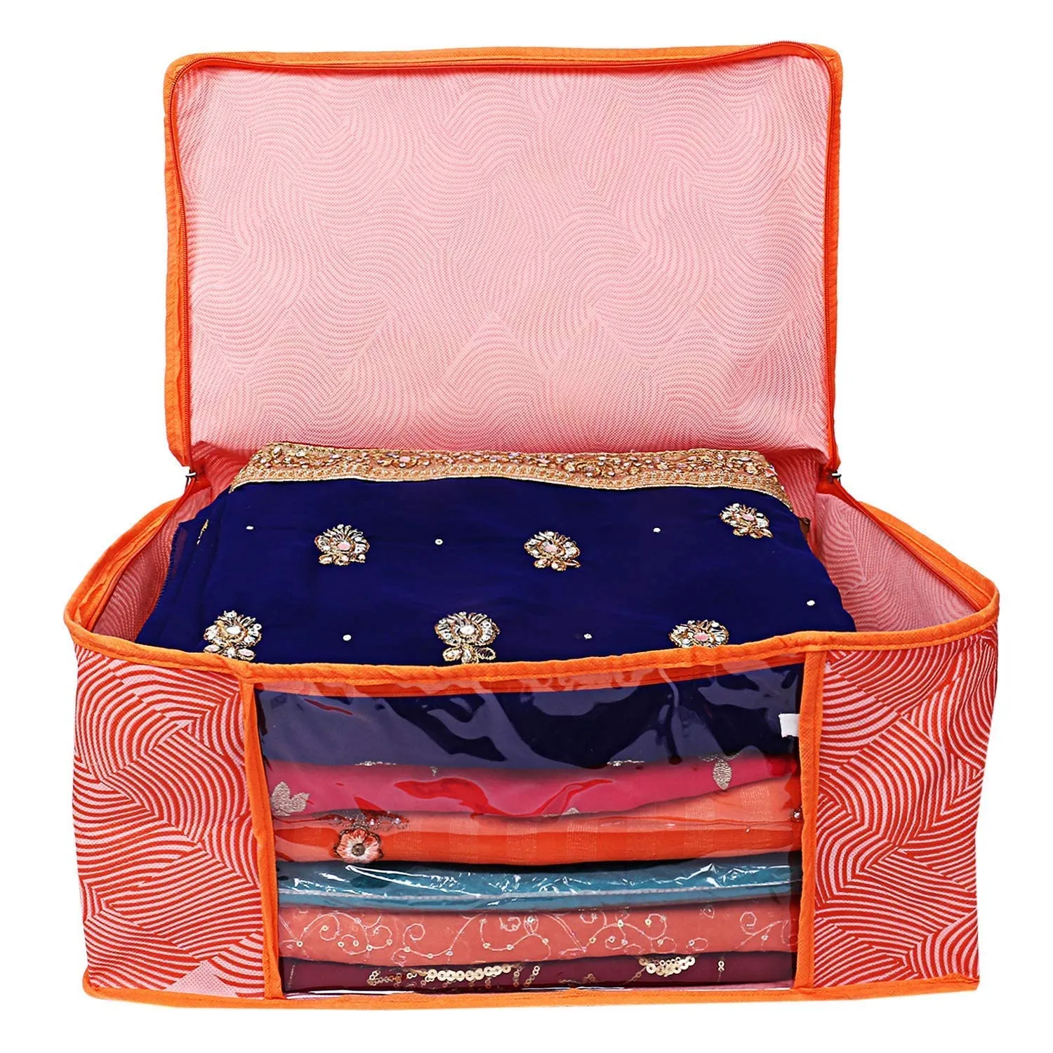 Kuber Industries Lahariya Design Non-woven Sarees, Clothes Cover/Organizer With Transparent Window- Pack of 9 (Orange)-44KM0382