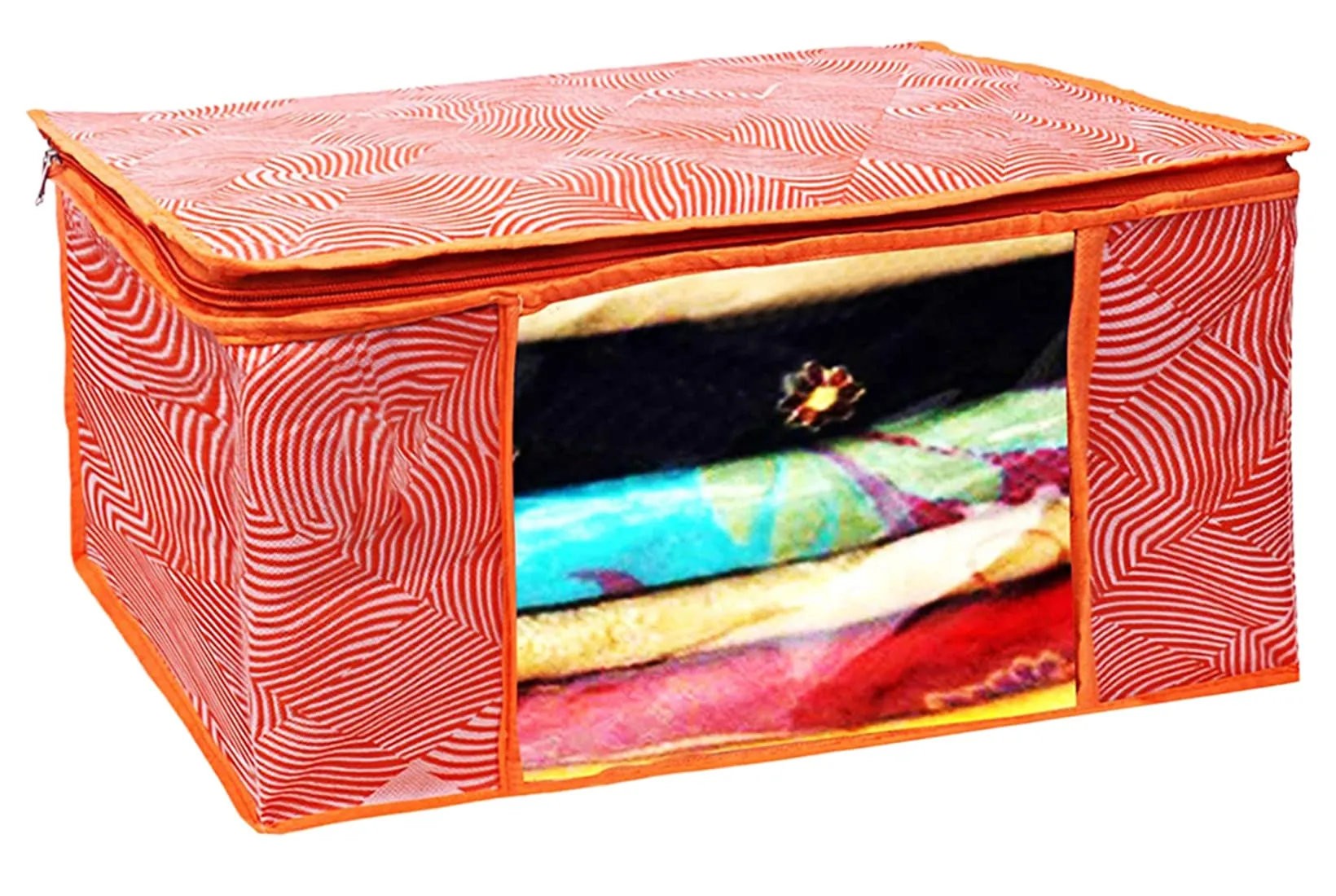 Kuber Industries Lahariya Design Non-woven Sarees, Clothes Cover/Organizer With Transparent Window- Pack of 9 (Orange)-44KM0382