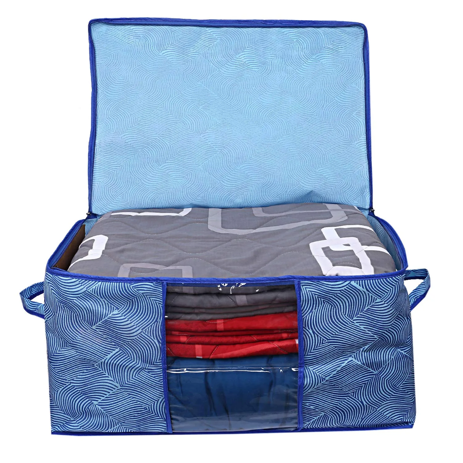 Kuber Industries Leheriya Design Non Woven Underbed Storage Bag|Large Storage Organiser|Blanket Cover with Transparent Window|Size 65 x 47 x 34 CM|Pack of 6 (Blue)- CTKTC0015226