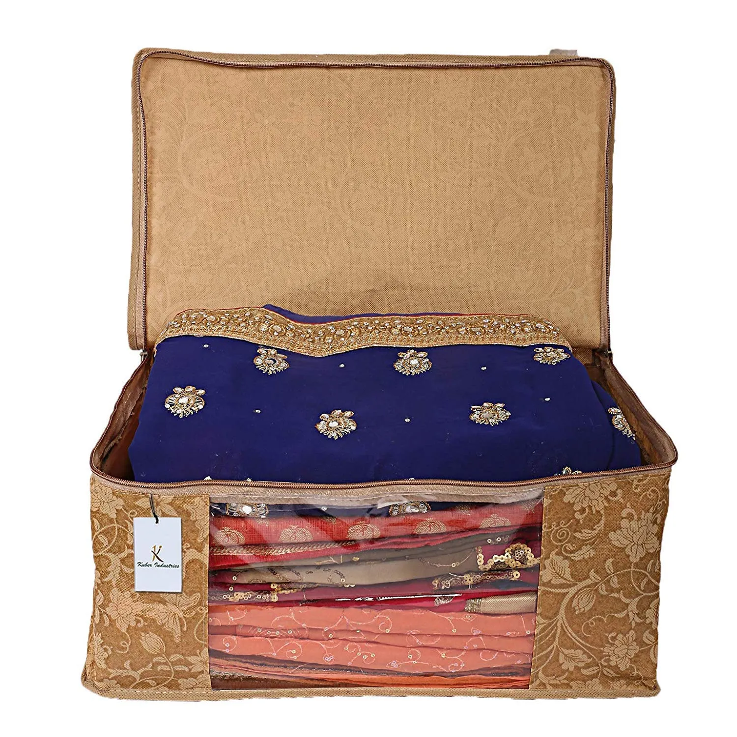 Kuber Industries Metallic Printed Non Woven 6 Pieces Saree Cover and 3 Pieces Underbed Storage Bag, Cloth Organizer for Storage, Blanket Cover Combo Set (Beige) -CTKTC038567