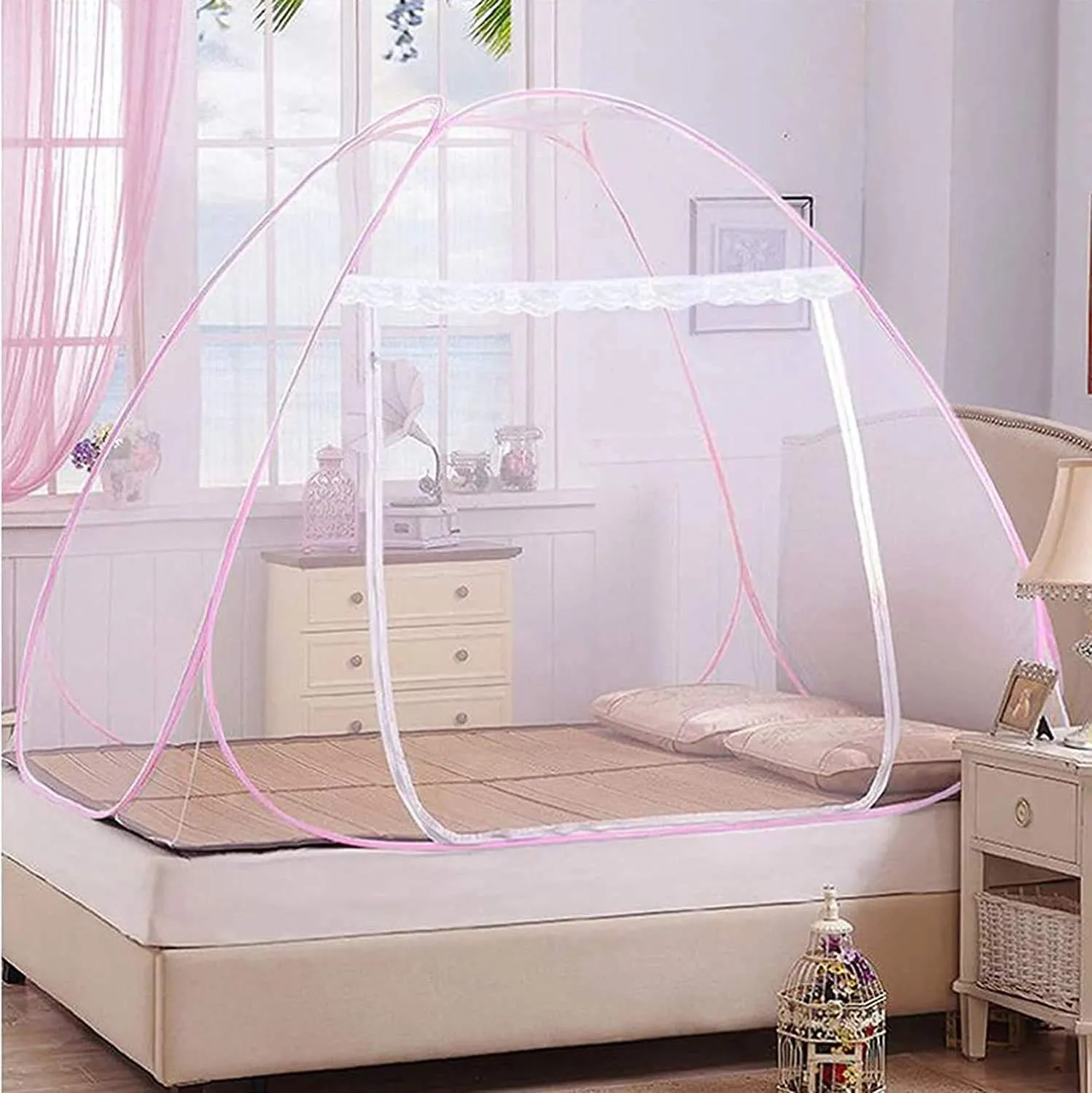 Kuber Industries Mosquito Net Foldable King Size (Double Bed) with Free Saviours 6.5 x 6.5 Feet (Pink)