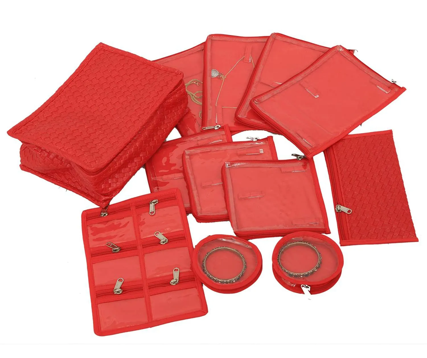 Kuber Industries Zigzag Design Jewellery Organizer With 9 Transparent Pouches & 2 Bangle Pouch For Keeps Your Jewellery,Earrings, Necklaces, Bangles Organized And Secure (Red)-HS_38_KUBMART21037